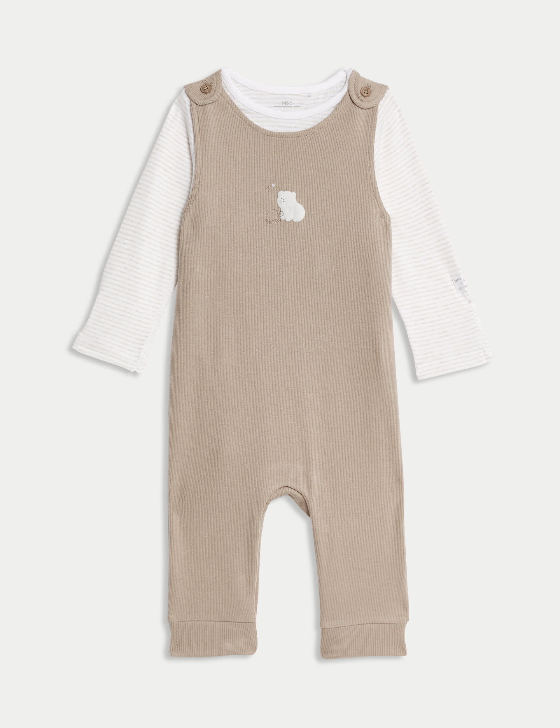 M&S Collection 2pc Pure Cotton Dungaree Outfit (0-12 Mths) - 3-6 M - Latte, Latte