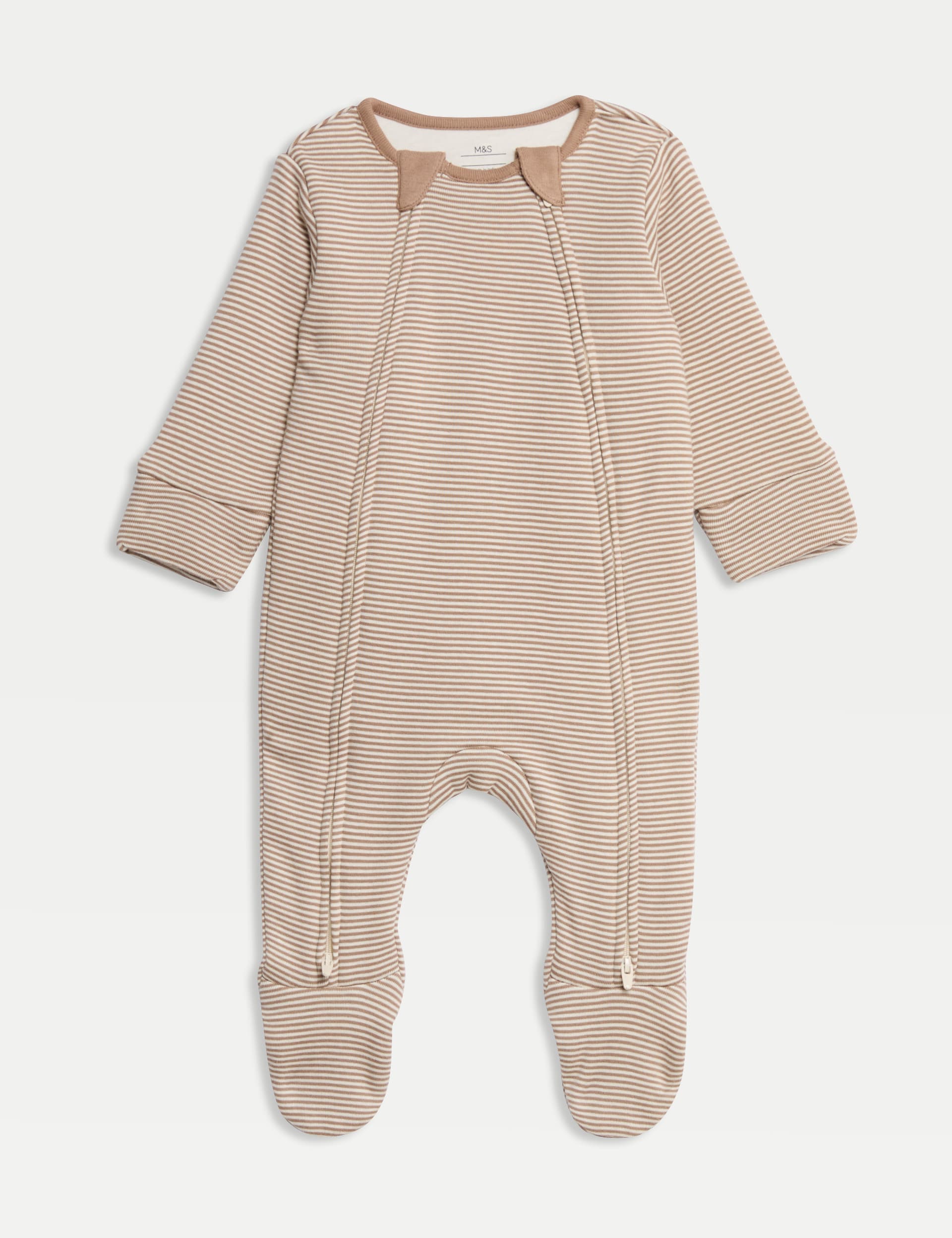 M&S Collection Pure Cotton Striped 2.5 Tog Sleepsuit (0-3 Yrs) - 0-3 M - Brown Mix, Brown Mix,Cream 