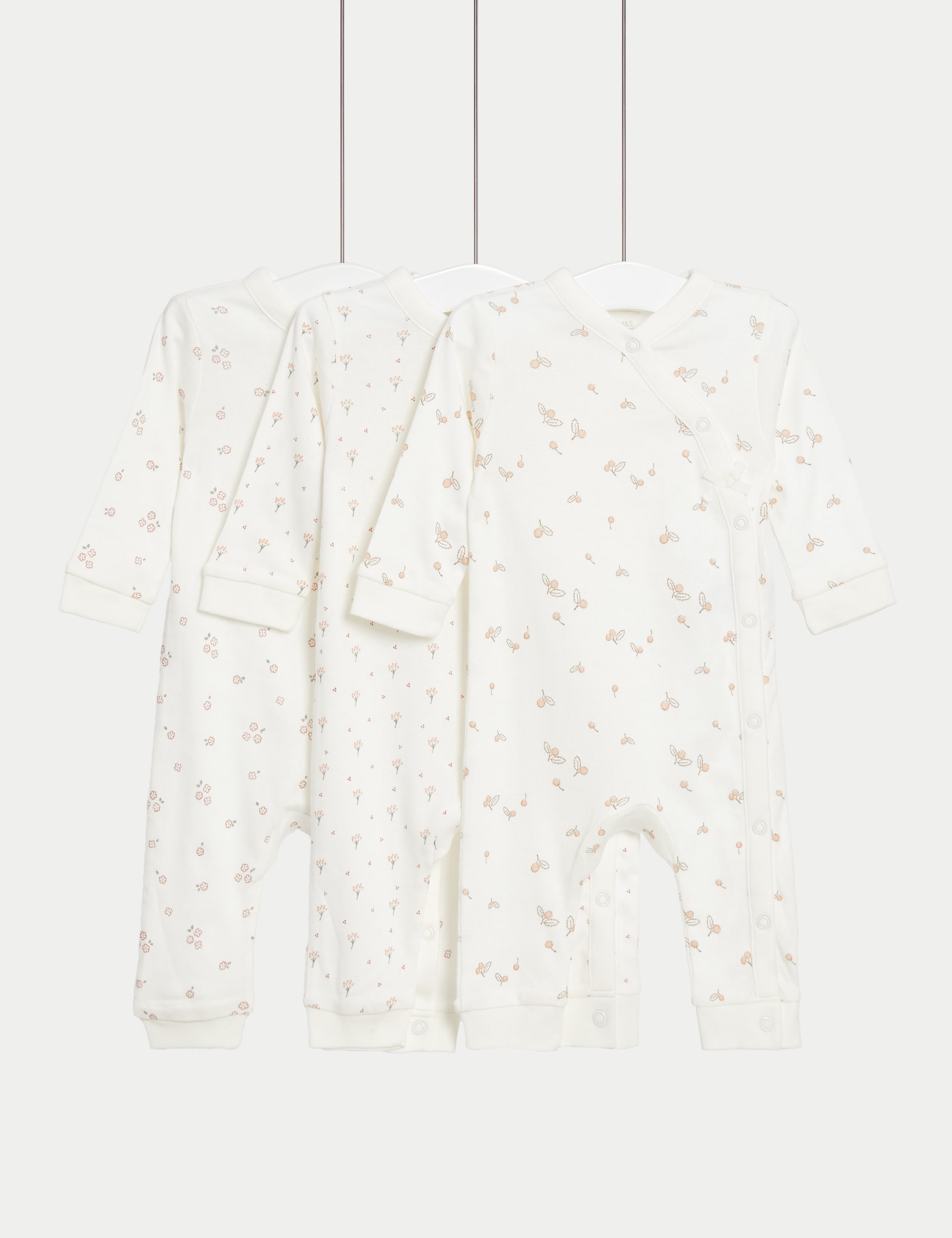 M&S Collection 3pk Pure Cotton Floral Sleepsuits (0-3 Yrs) - 0-3 M - Cream Mix, Cream Mix