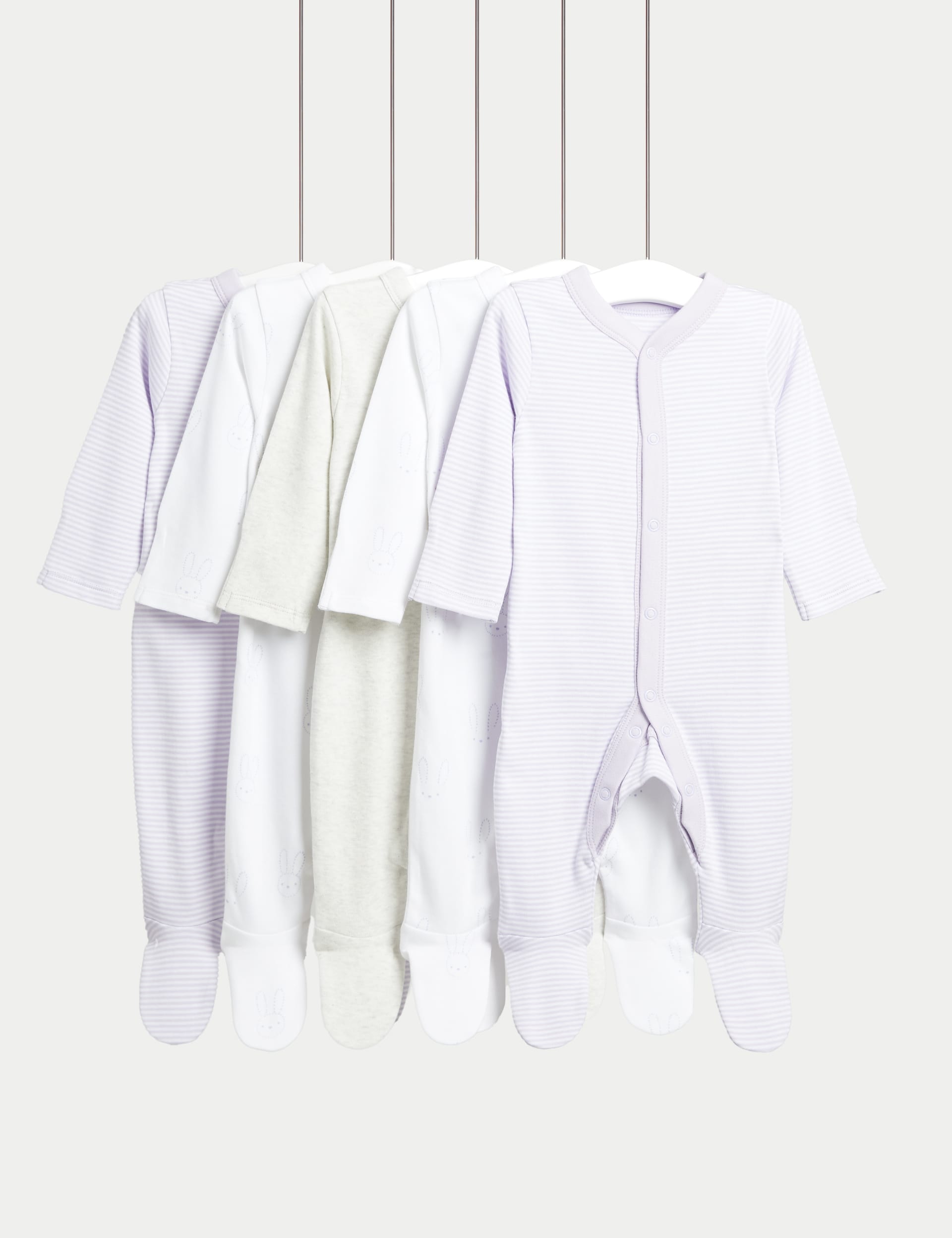 M&S Collection 5pk Pure Cotton Sleepsuits (0-3 Yrs) - 0-3 M - Lilac Mix, Lilac Mix