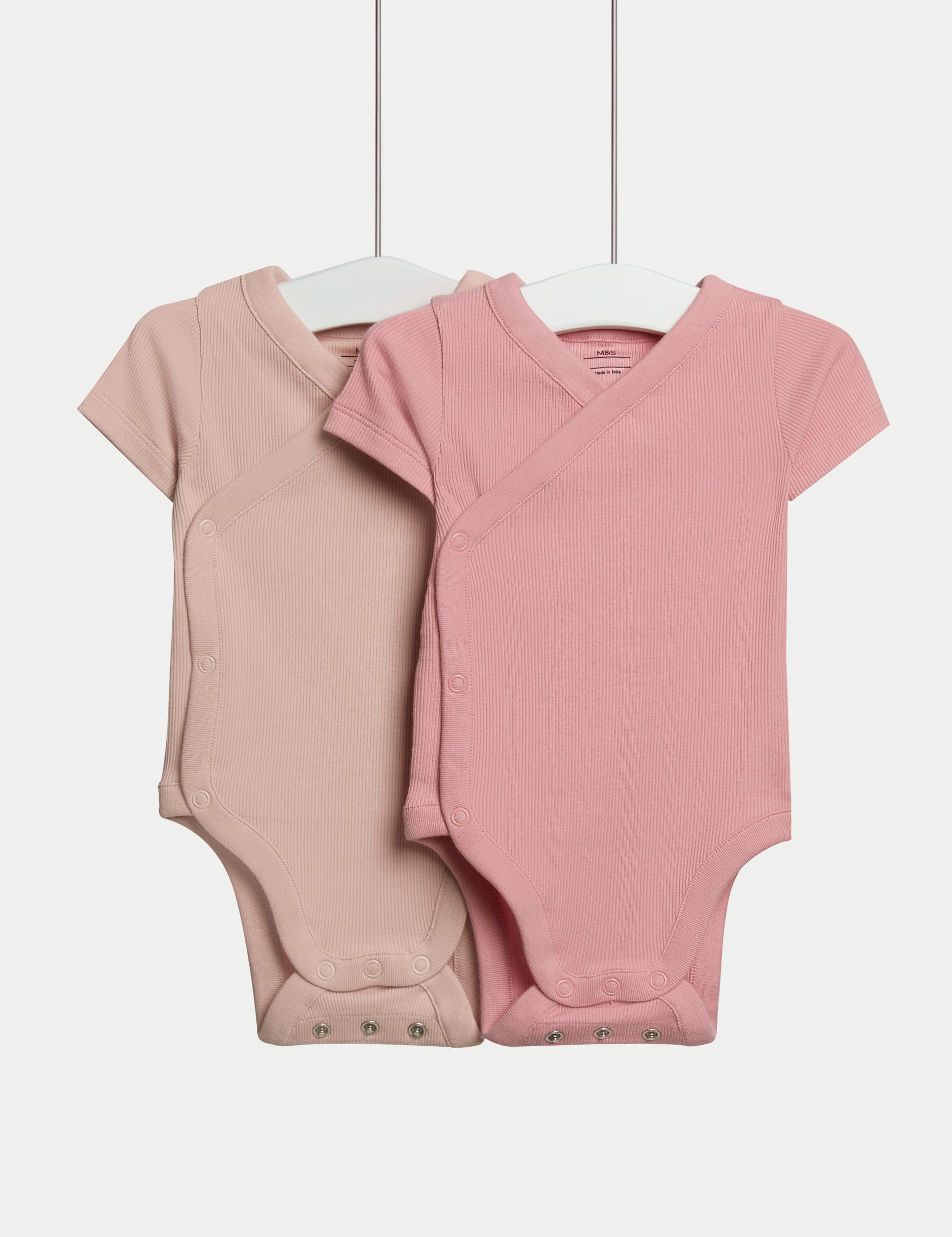 M&S Collection 2 Pack Cotton Rich Ribbed Cross Over Bodysuits (0-3 Yrs) - 0-3 M - Pink Mix, Pink Mix