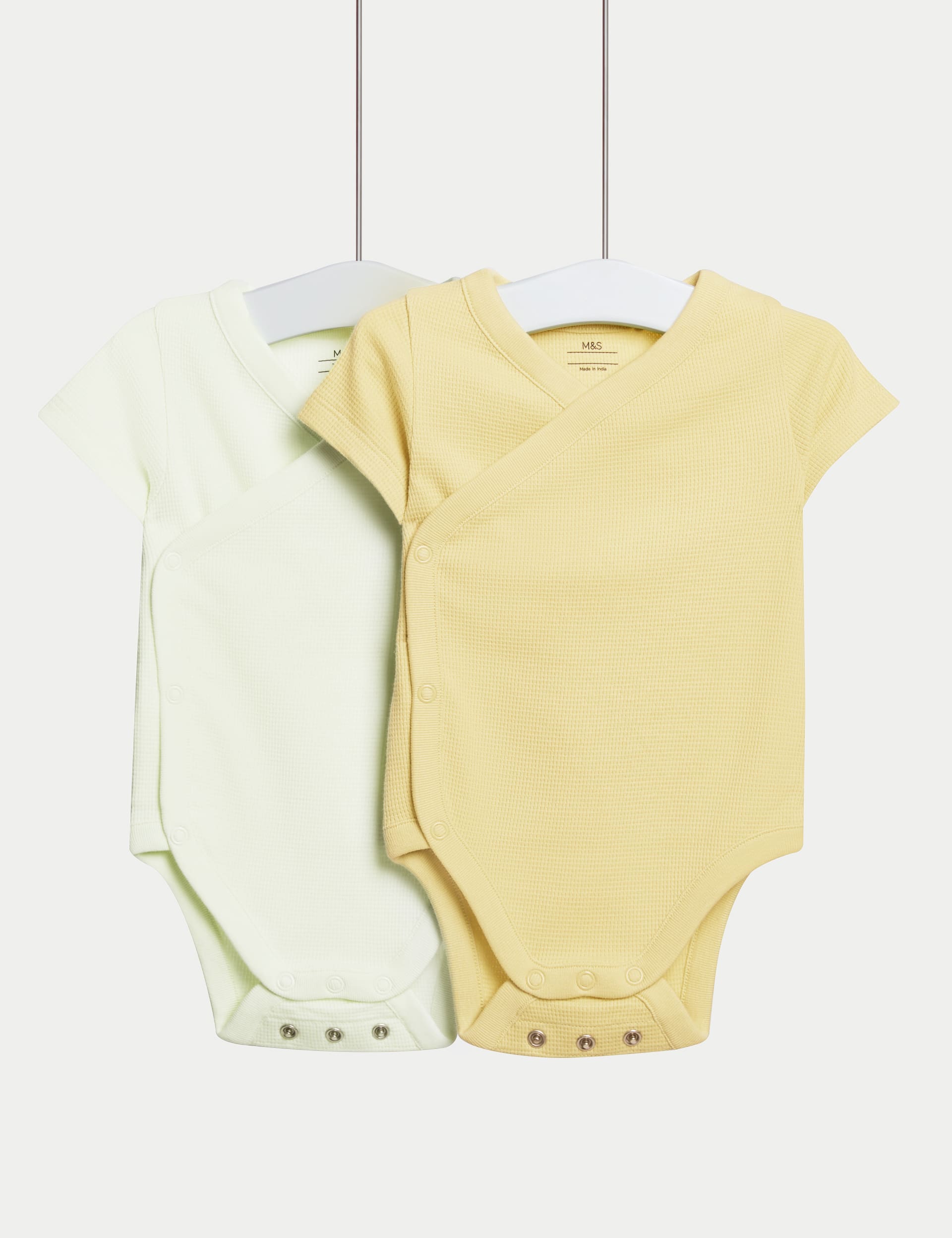 M&S Collection 2 Pack Pure Cotton Waffle Bodysuits (6lbs-3 Yrs) - 3-6 M - Yellow, Blue Mix,Sandston