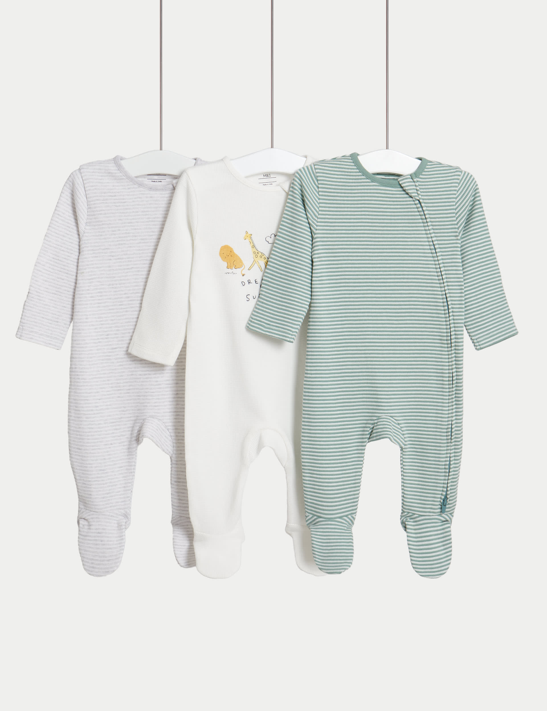 M&S Collection 3pk Pure Cotton Patterned Zip Sleepsuits (6lbs-3 Yrs) - TINY - Green Mix, Green Mix