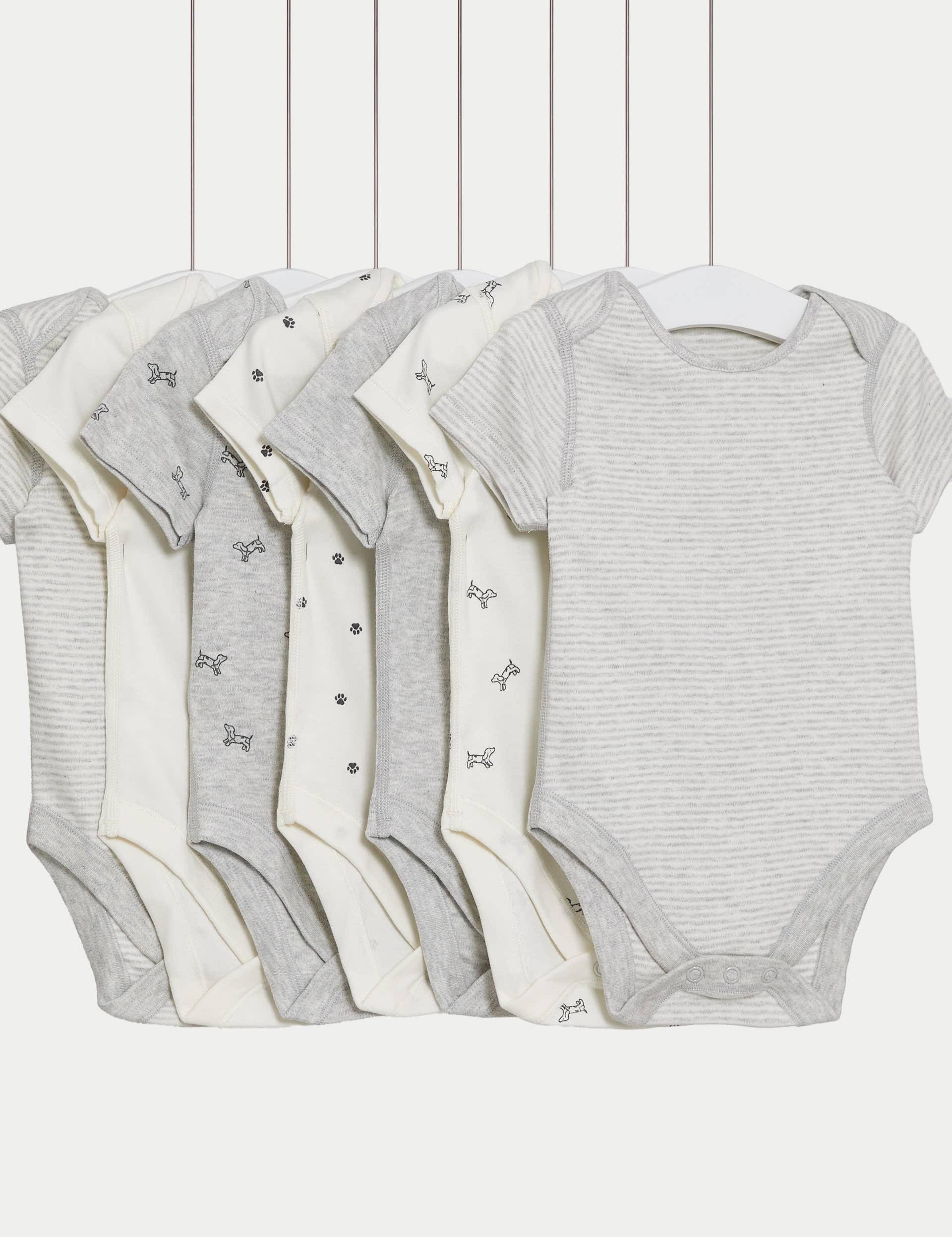 M&S Collection 7pk Pure Cotton Dog & Striped Bodysuits (5lbs-3 Yrs) - 18-24 - Grey Marl, Grey Marl