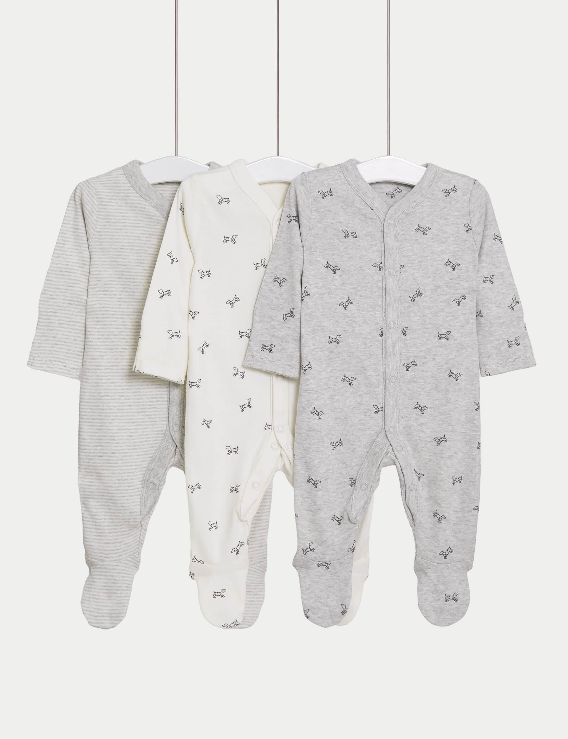 M&S Collection 3pk Pure Cotton Dog & Striped Sleepsuits (5lbs-3 Yrs) - 12-18 - Grey Marl, Grey Marl