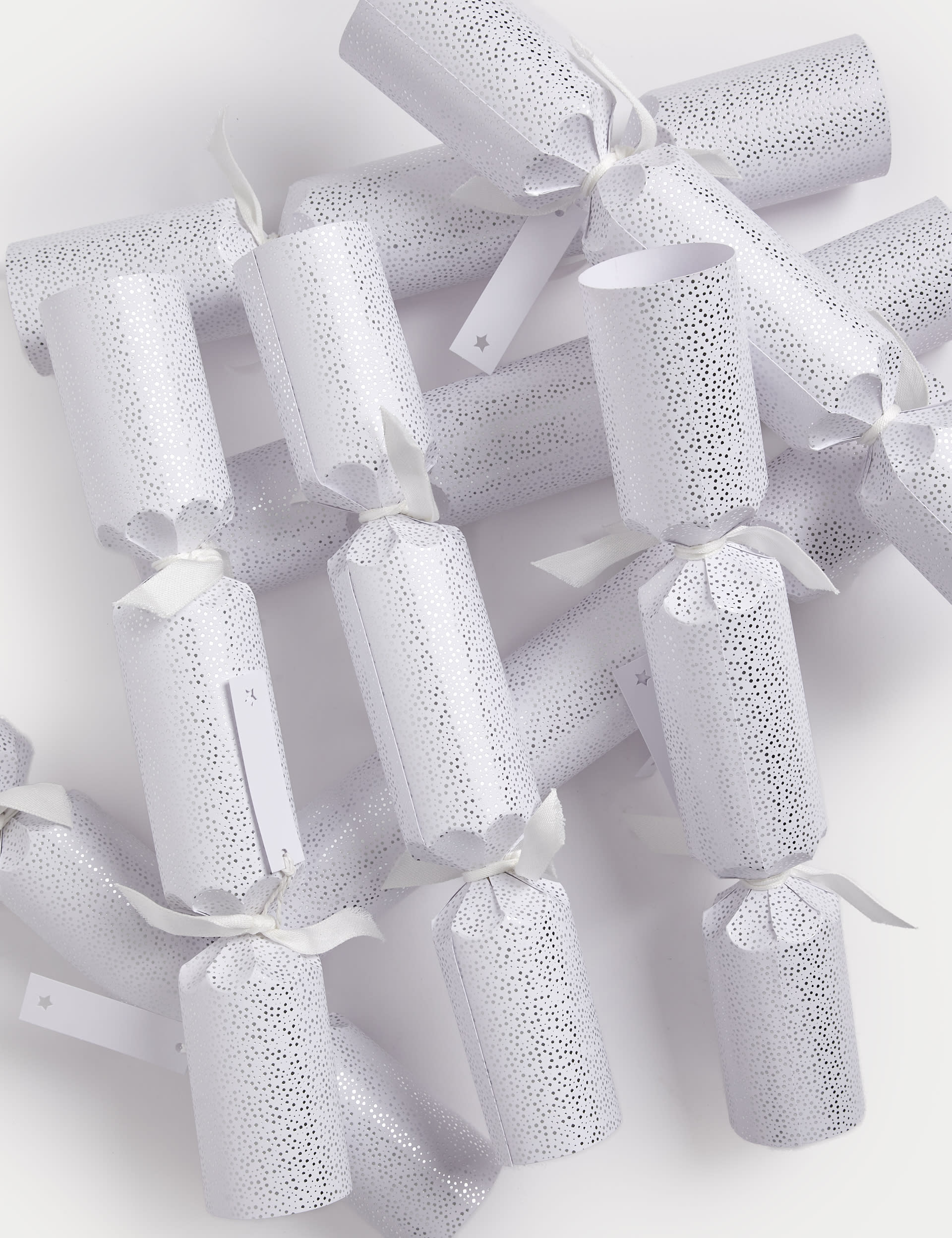 M&S 8 Luxury Christmas Crackers With Name Tags - Silver & White Design