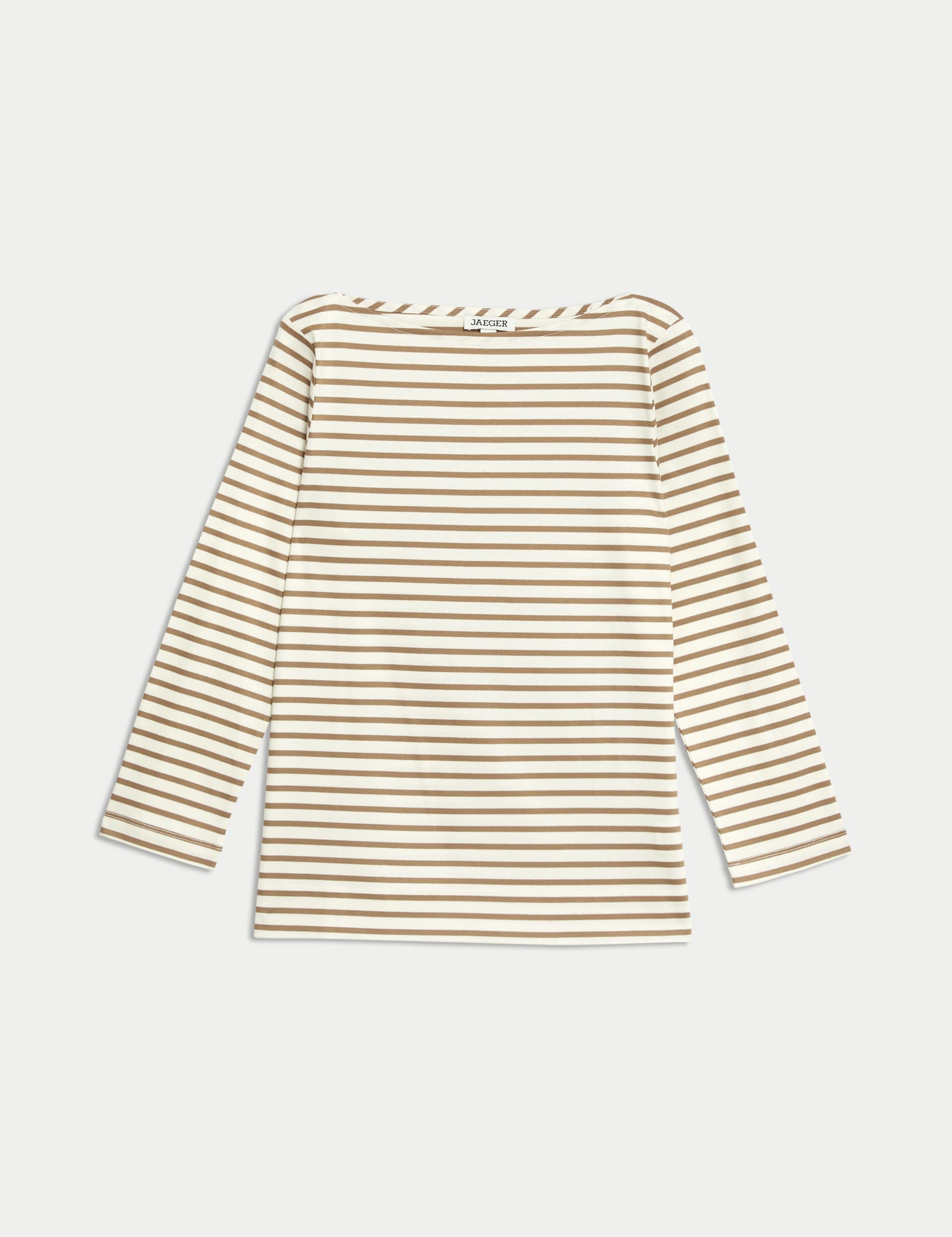 Jaeger Women's Pure Mercerised Cotton Striped Boat Neck Top - 14 - Camel Mix, Navy Stripe,Camel Mix