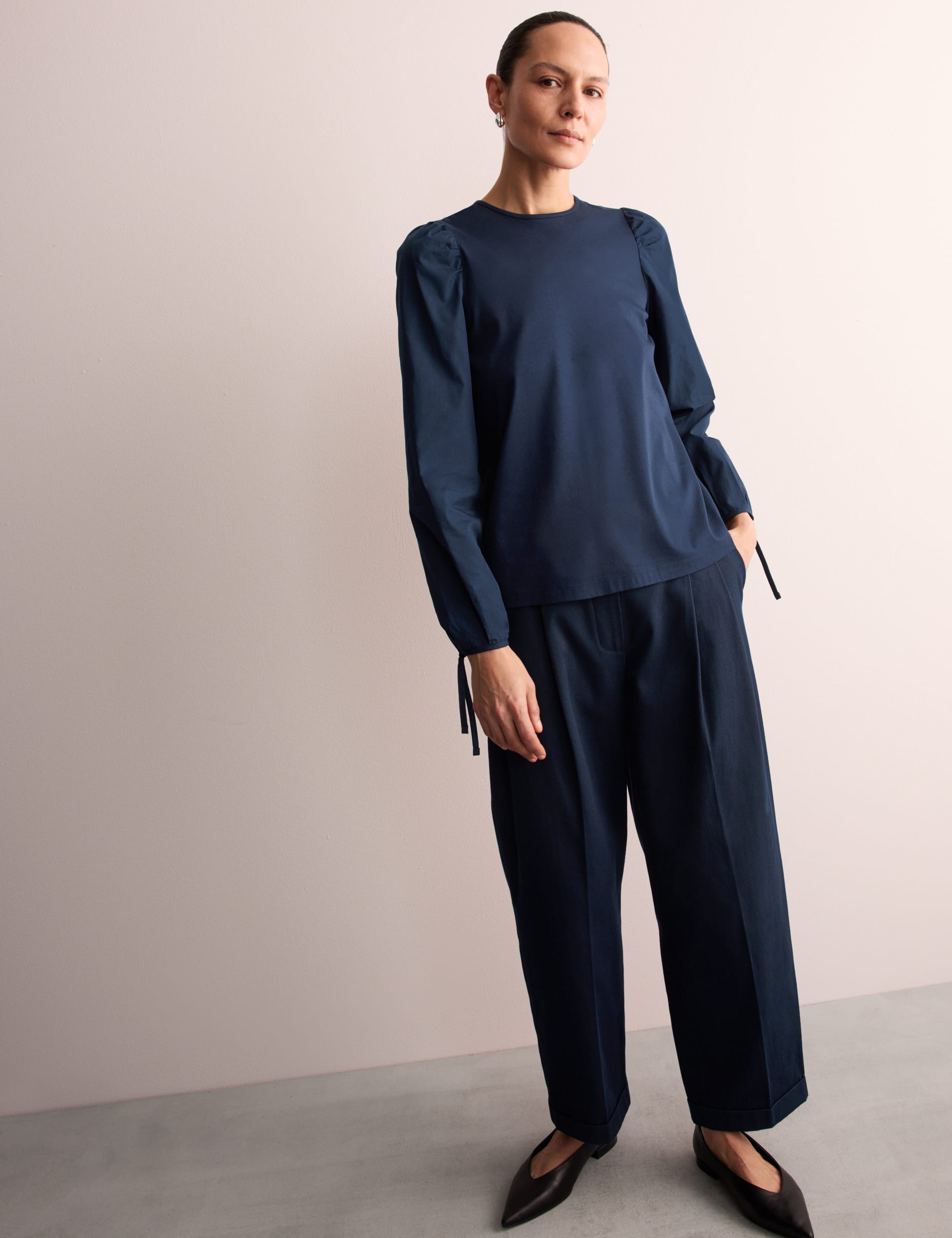 Jaeger Pure Cotton Puff Sleeve Top - 12 - Navy, Navy