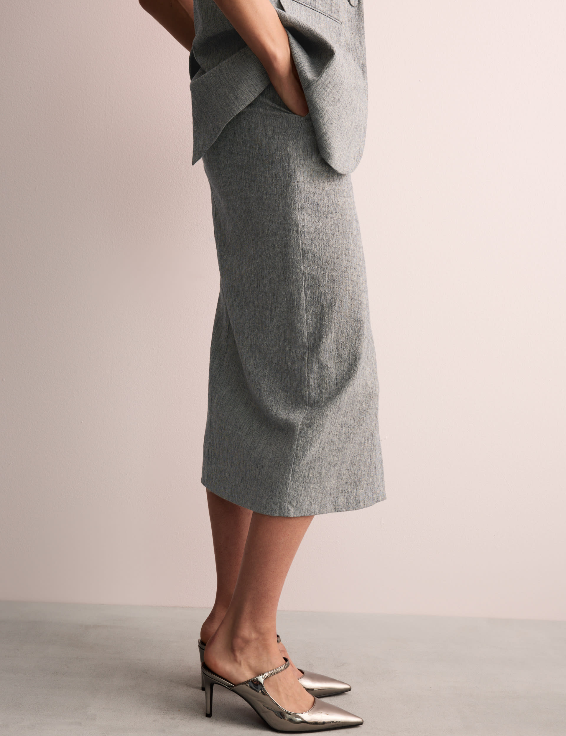 Jaeger Cotton Rich Midi Tailored Skirt with Linen - 12 - Grey, Grey