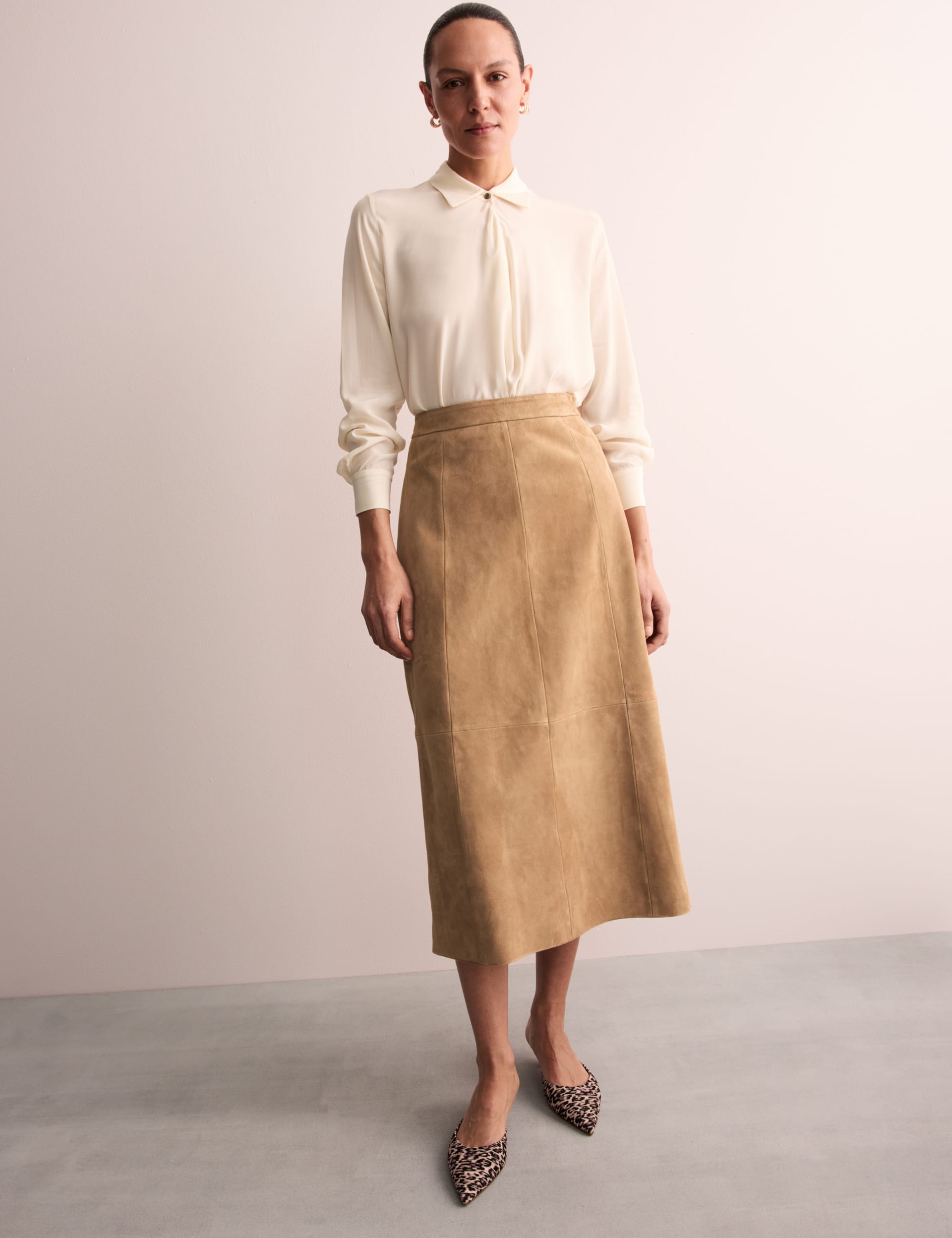 Jaeger Suede Midi Column Skirt - 12 - Camel, Camel