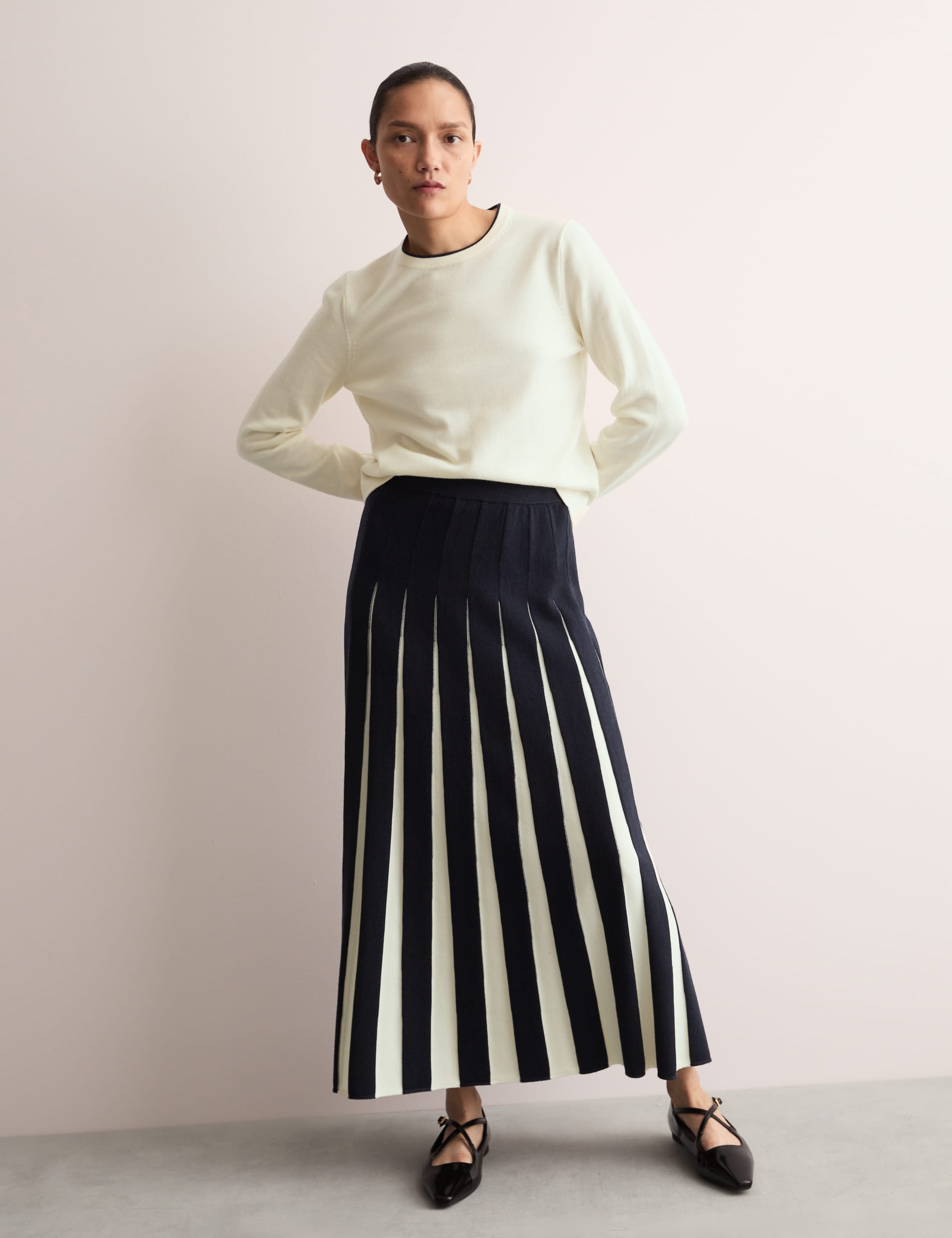 Jaeger Knitted Seam Detail Midi A-Line Skirt - Navy Mix, Navy Mix