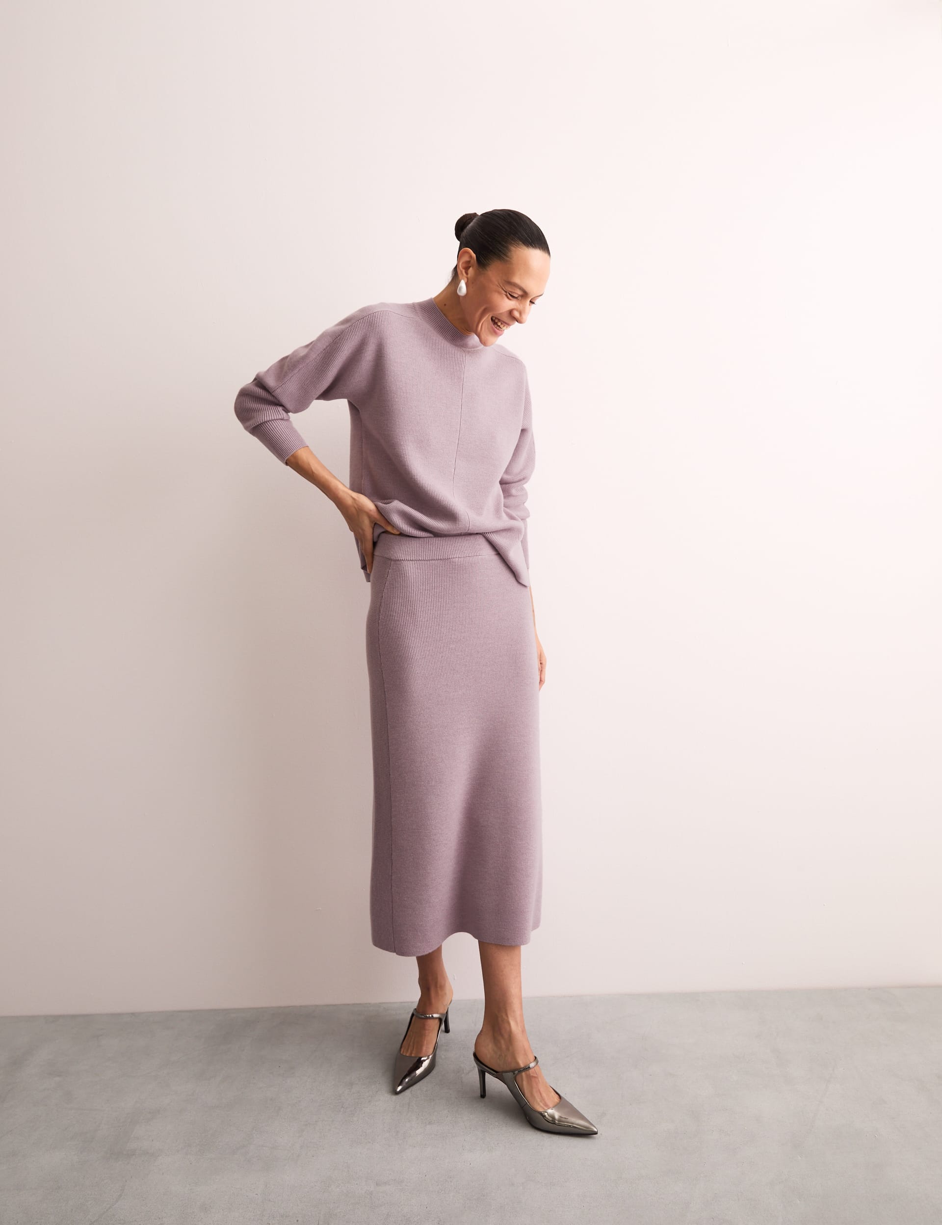 Jaeger Women's Pure Wool Knitted Midi Column Skirt - Lilac, Lilac