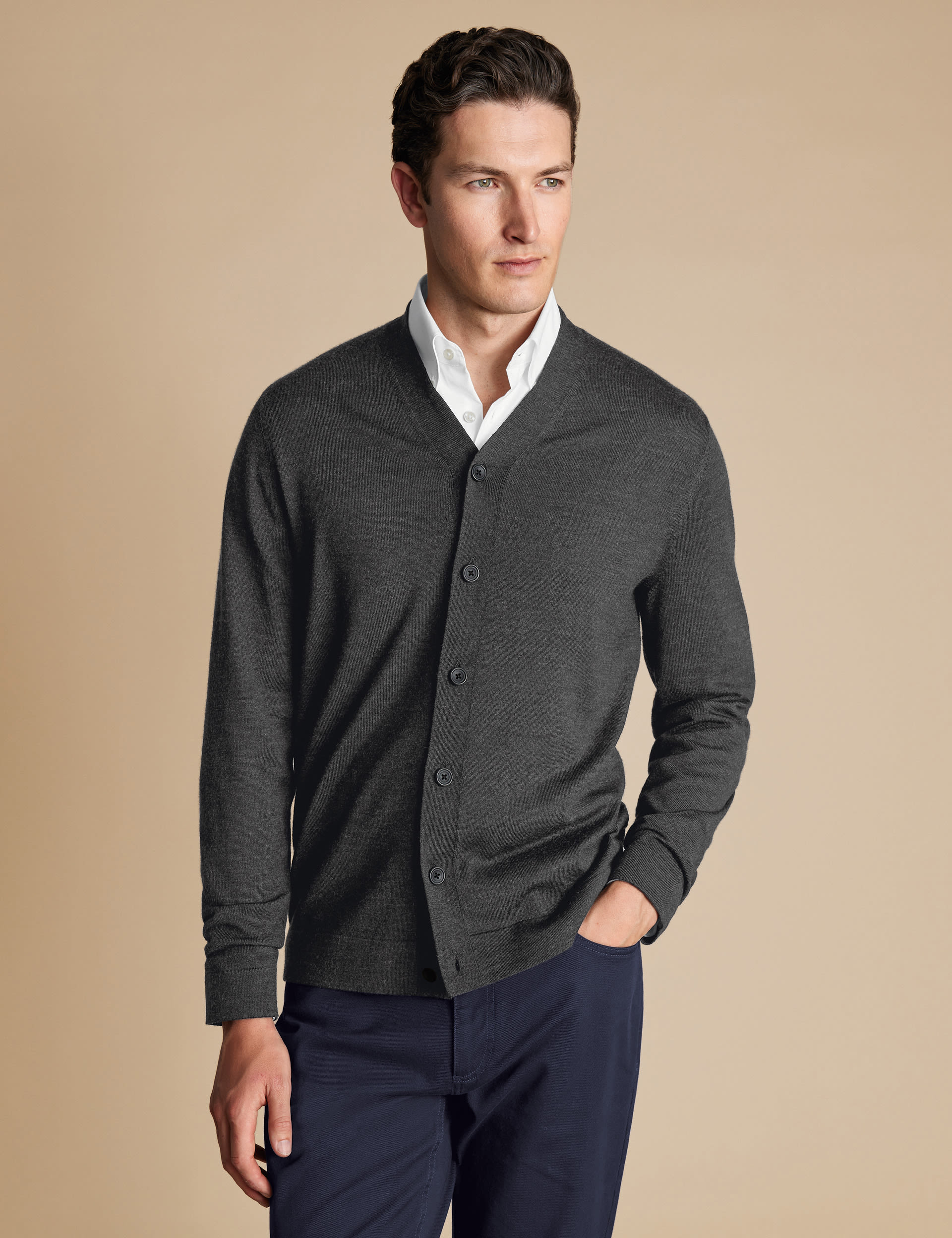 Charles Tyrwhitt Men's Pure Merino Wool V-Neck Cardigan - Grey, Grey