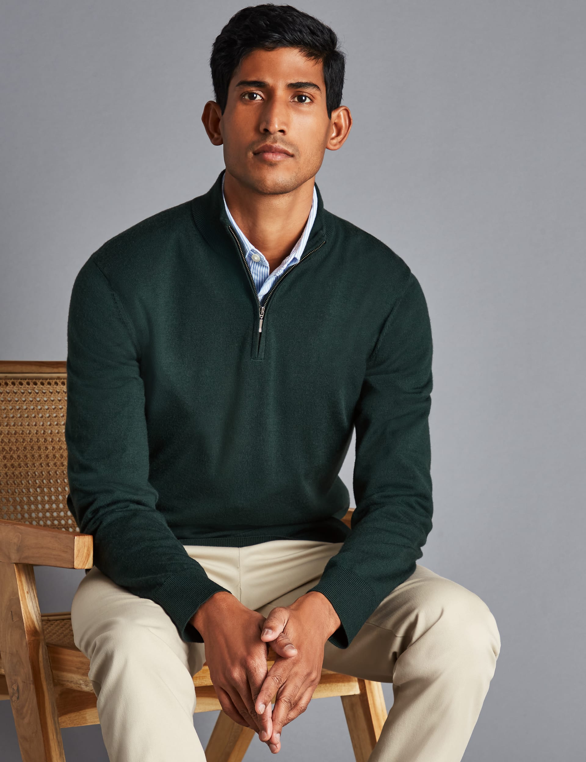 Charles Tyrwhitt Men's Pure Merino Wool Half Zip Jumper - XXL - Green, Green