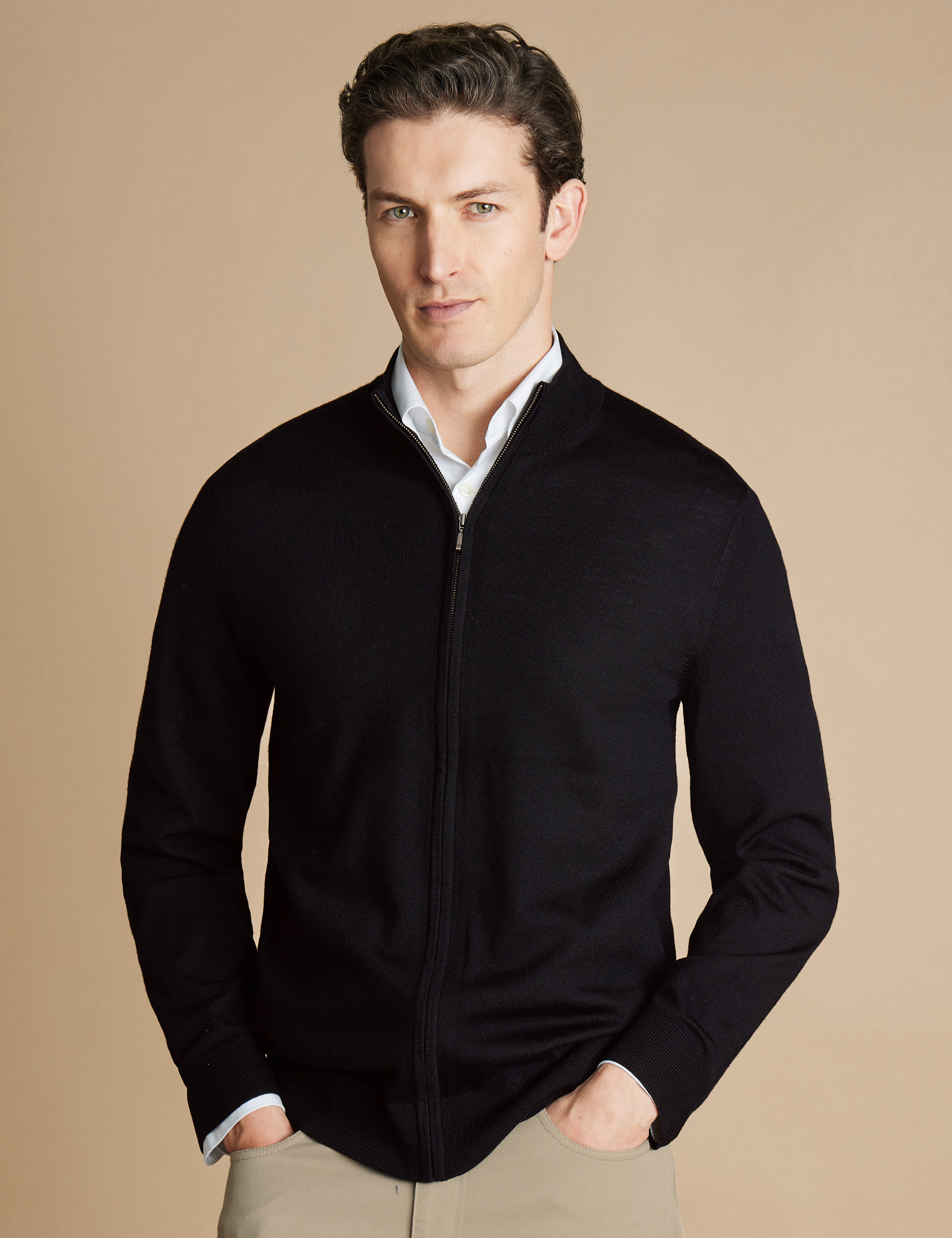 Charles Tyrwhitt Men's Pure Extra Fine Merino Wool Zip Up Cardigan - Black, Blue,Grey,Black