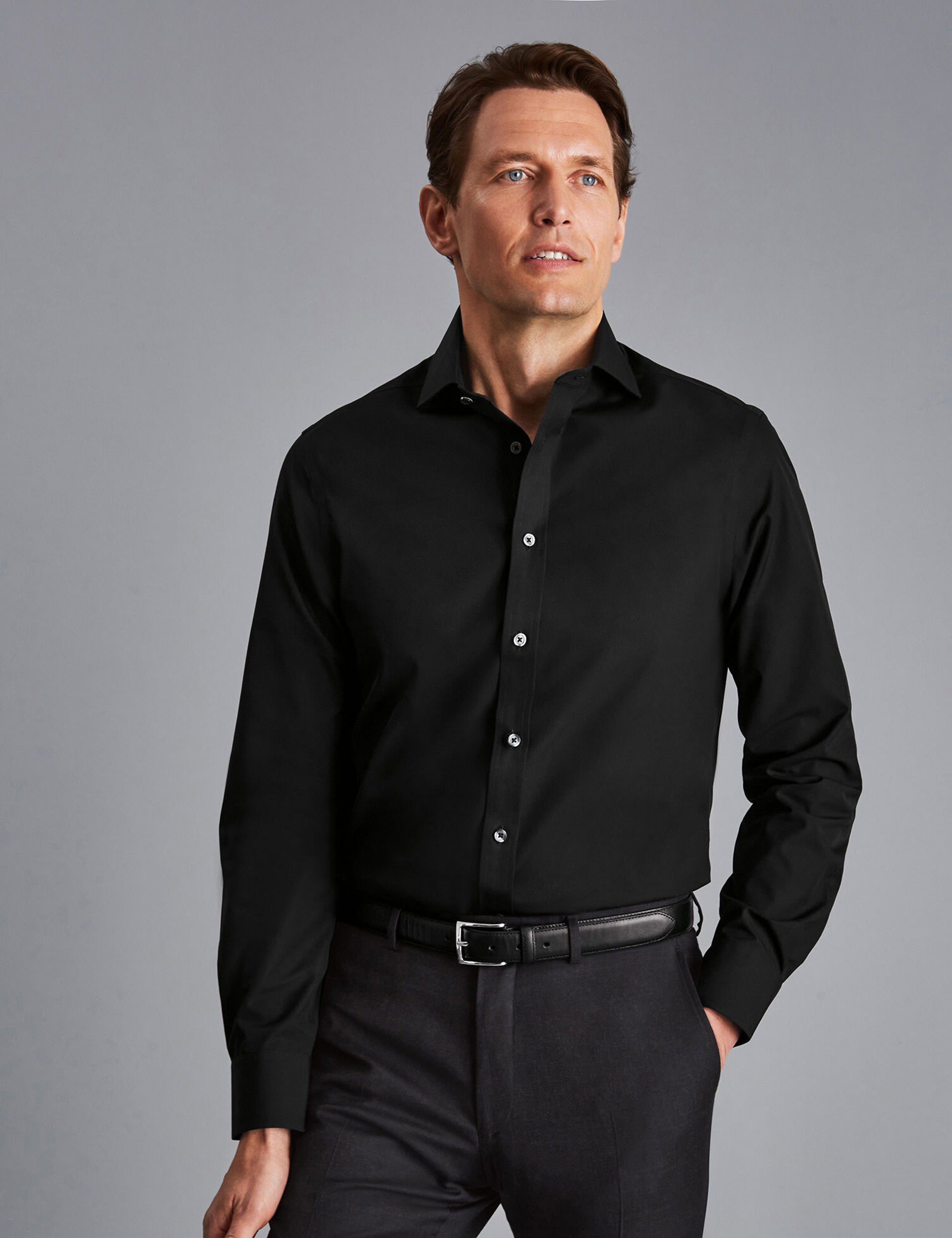 Charles Tyrwhitt Men's Slim Fit Non Iron Pure Cotton Shirt - 15.5/34 - Black, Black