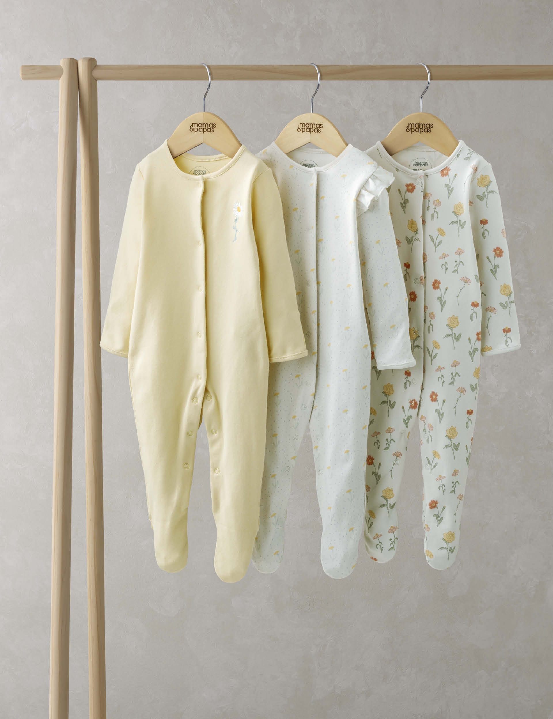 Mamas & Papas Girls 3pk Pure Cotton Floral Sleepsuits (0-24 Mths) - 0-3 M - Yellow, Yellow