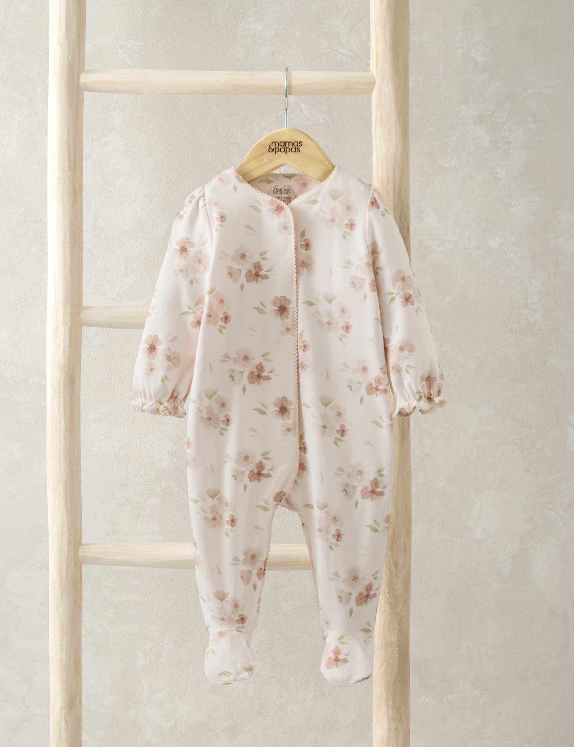 Mamas & Papas Girls Pure Cotton Floral Sleepsuit (0-12 Mths) - 0-3 M - Pink, Pink