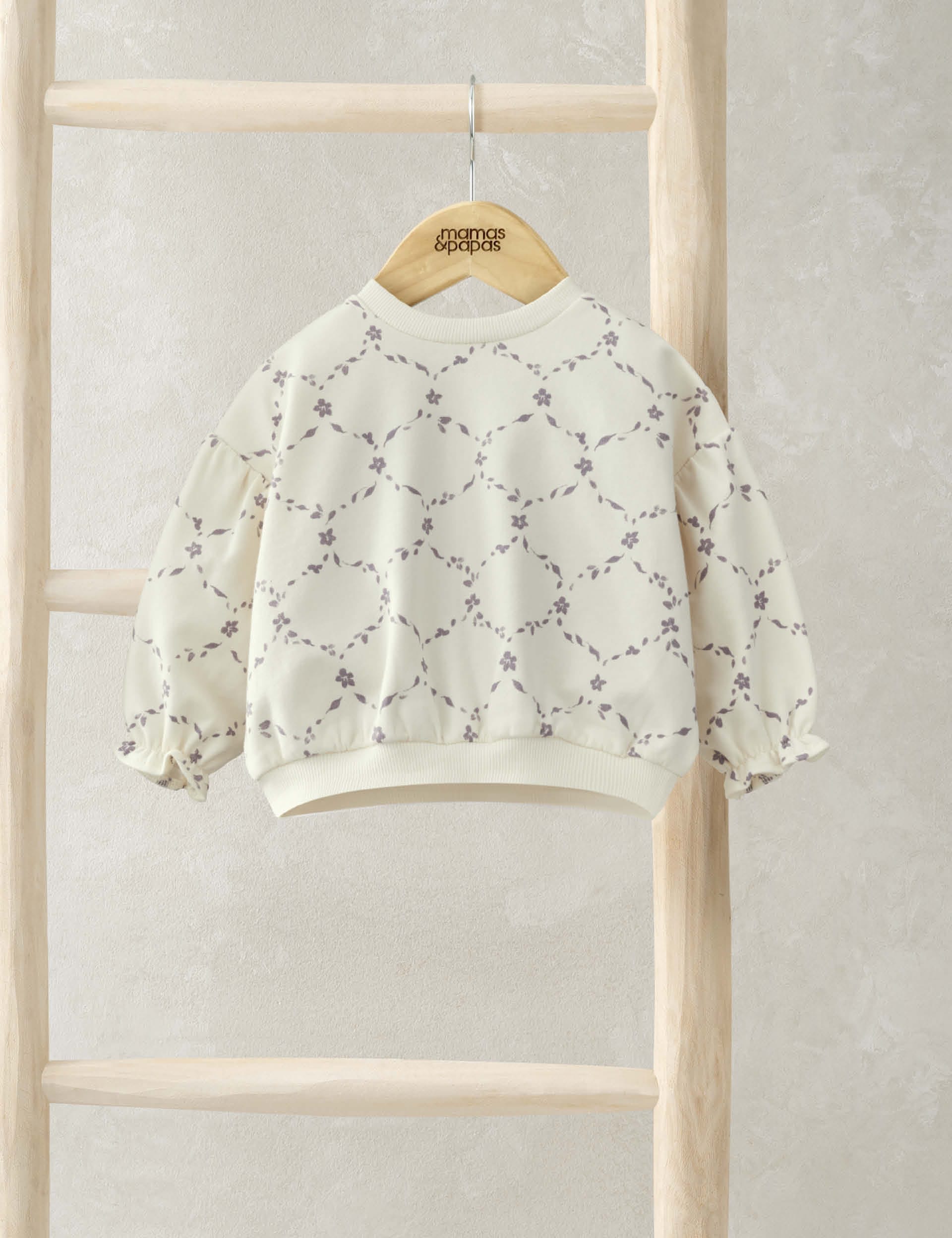 Mamas & Papas Girls Pure Cotton Trellis Print Sweatshirt (0 Mths-3 Yrs) - 3-6 M - Cream Mix, Cream M