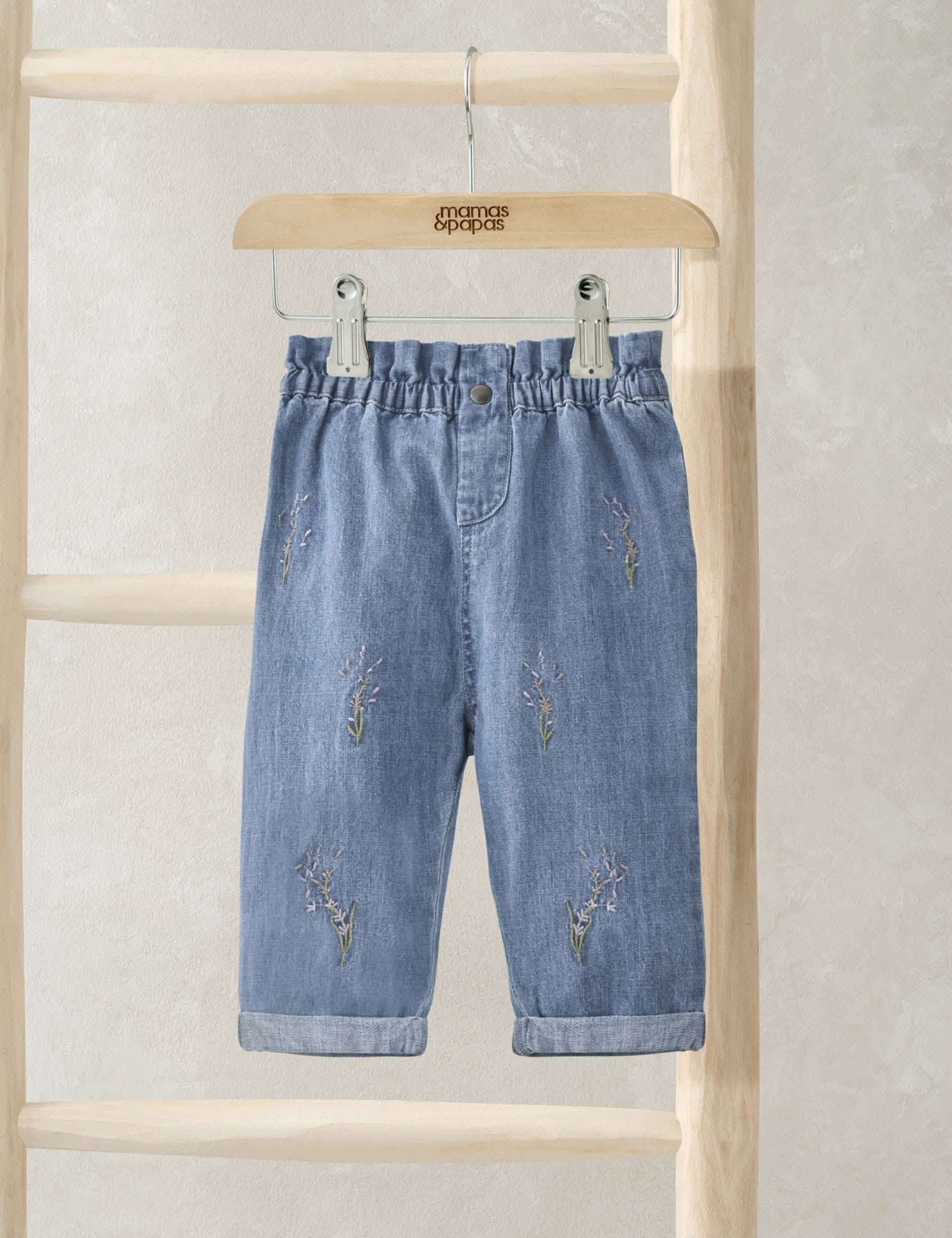 Mamas & Papas Girls Denim Lavender Embroidered Jeans (0 Mths-3 Yrs) - 9-12M - Blue Mix, Blue Mix