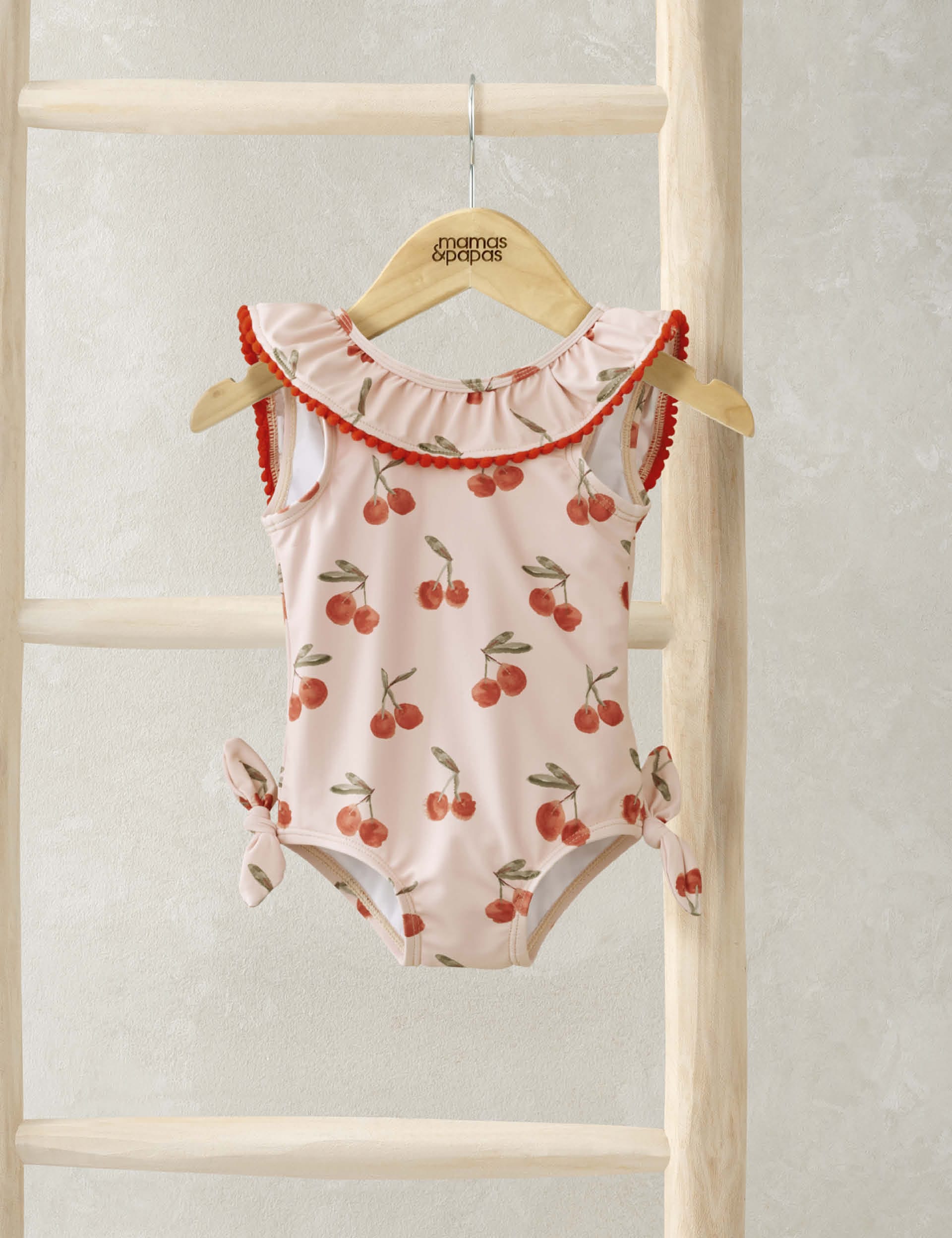 Mamas & Papas Girls Cherry Print Frill Neck Swimsuit (0-3 Yrs) - 6-9 M - Pink Mix, Pink Mix