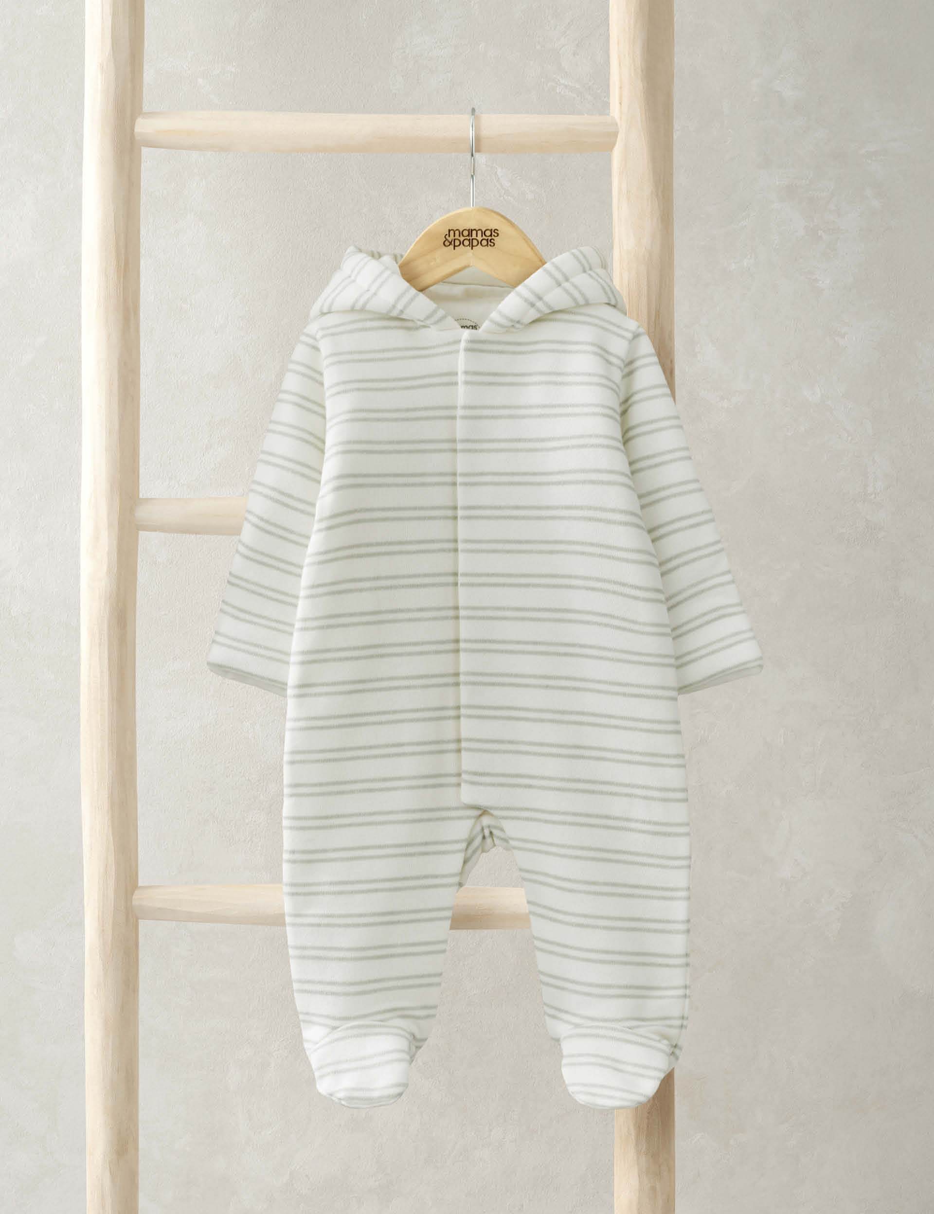 Mamas & Papas Boys Cotton Rich Hooded Double Stripe Pramsuit (0-12 Mths) - 0-3 M - Blue Mix, Blue Mix