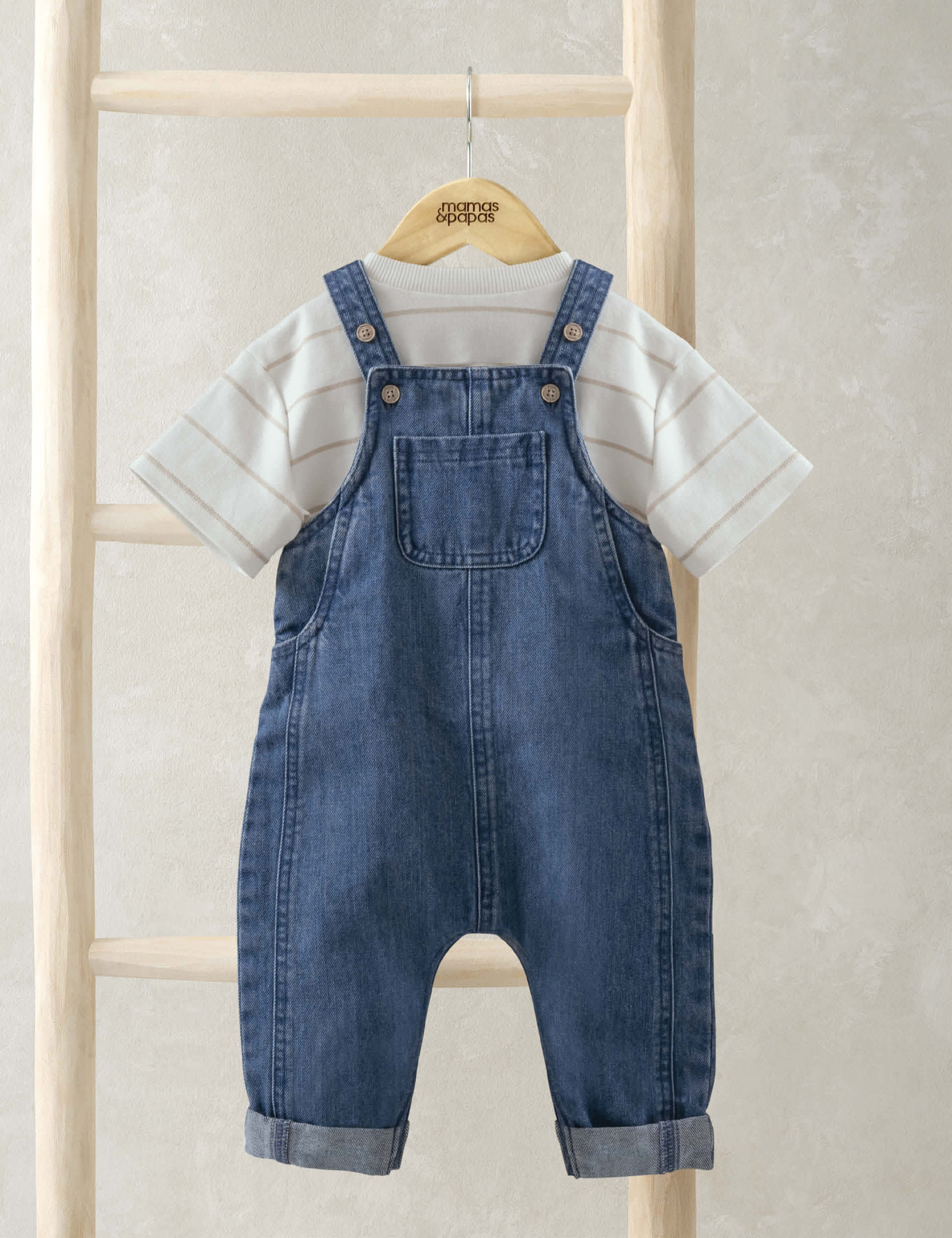 Mamas & Papas Boys 2pc Cotton Rich T-Shirt & Dungarees Outfit (0-3 Yrs) - 3-6 M - Blue Mix, Blue Mix