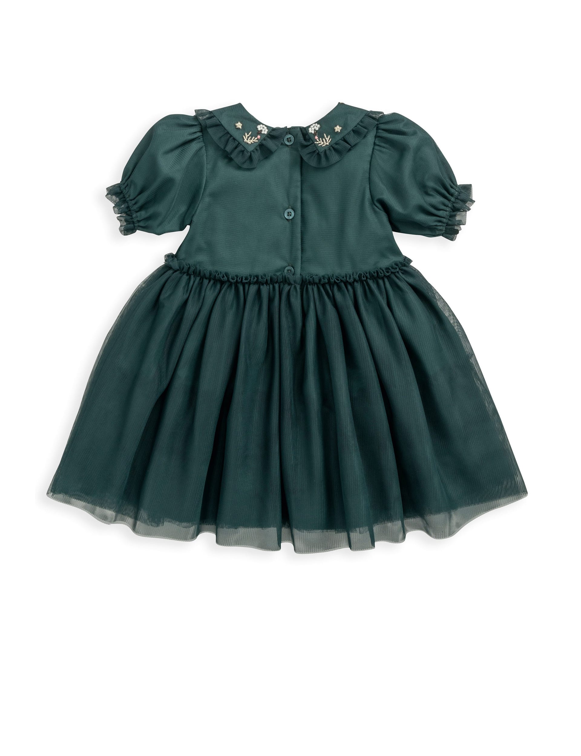 Mamas & Papas Girls Embroidered Mesh Dress (0-3 Yrs) - 12-18 - Green, Green