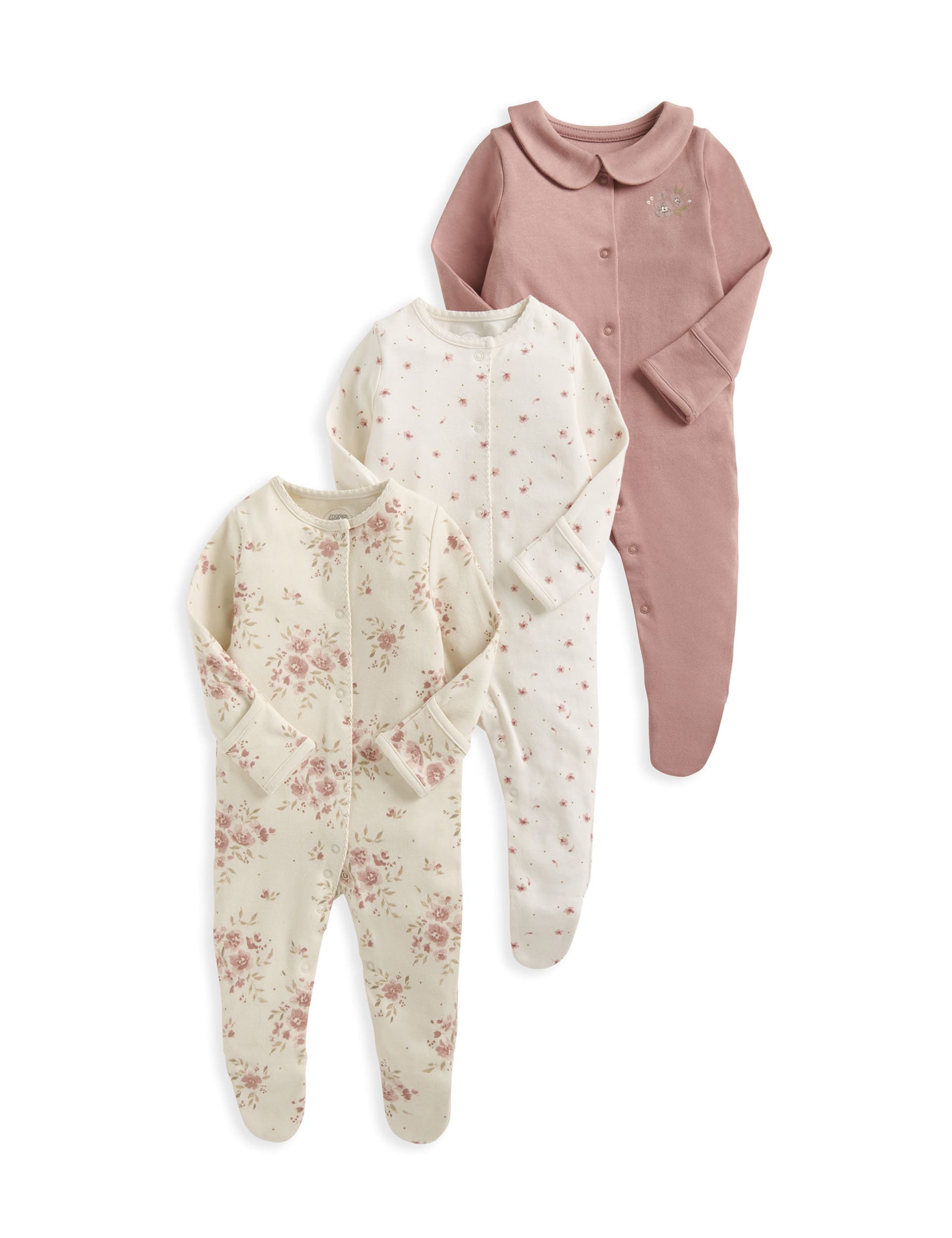 Mamas & Papas Girls 3pk Pure Cotton Floral Sleepsuits (0-24 Mths) - UT1M - Pink, Pink