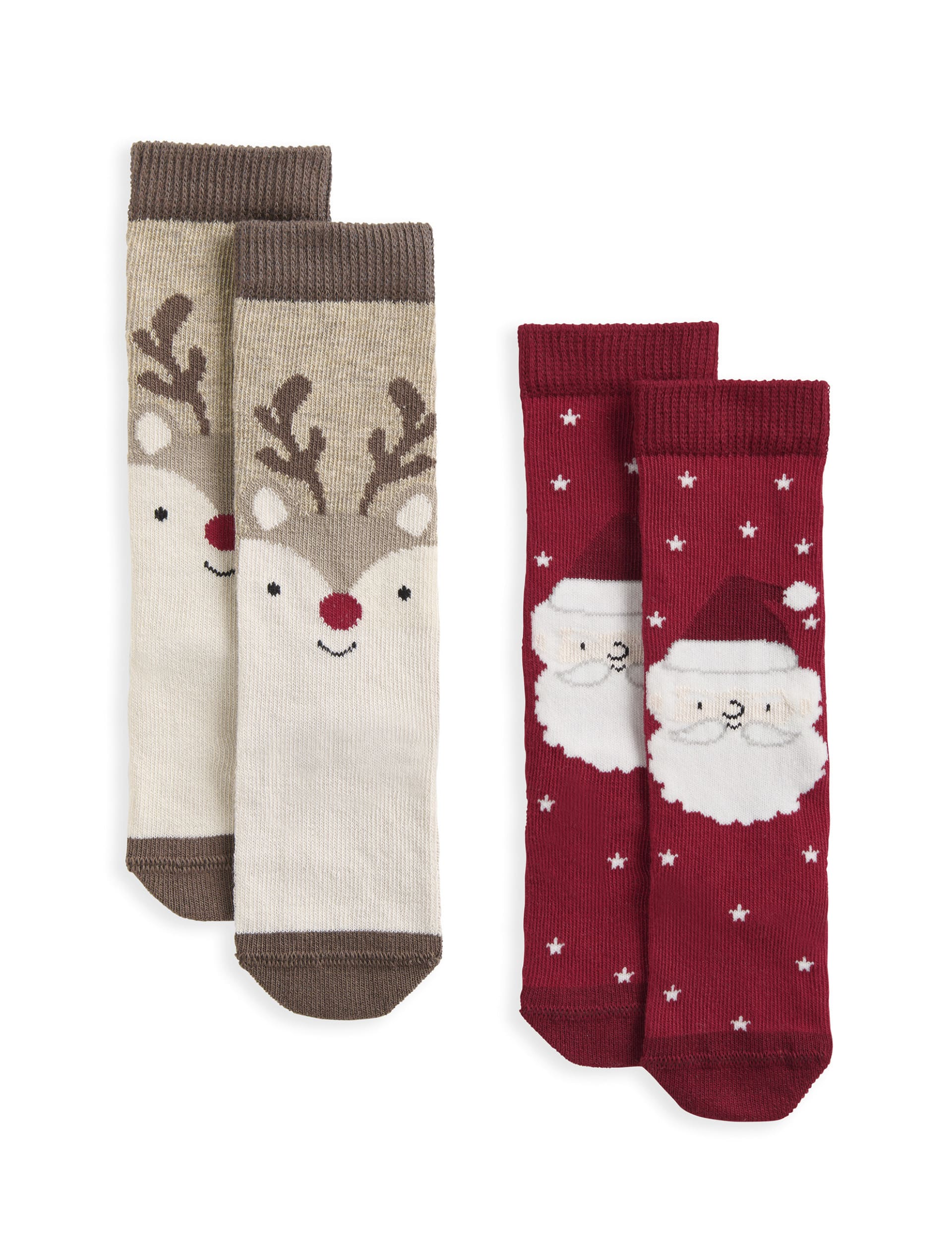 Mamas & Papas 2 Pack Cotton Rich Santa & Reindeer Baby Socks (0-3 Yrs) - 0-6 M - Red, Red