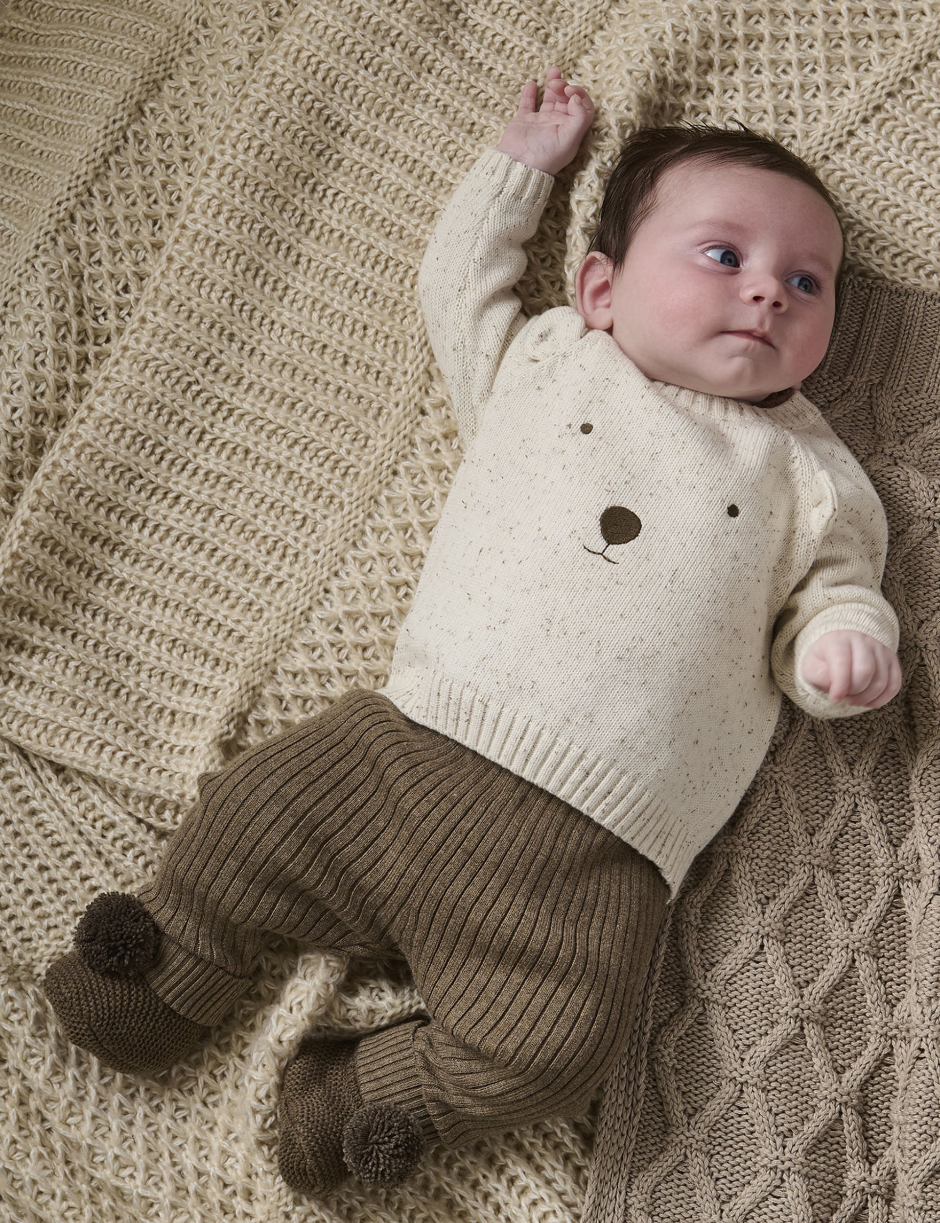 Mamas & Papas 2pc Pure Cotton Knitted Bear Outfit (7lbs-1 Yrs) - 0-3 M - Brown, Brown