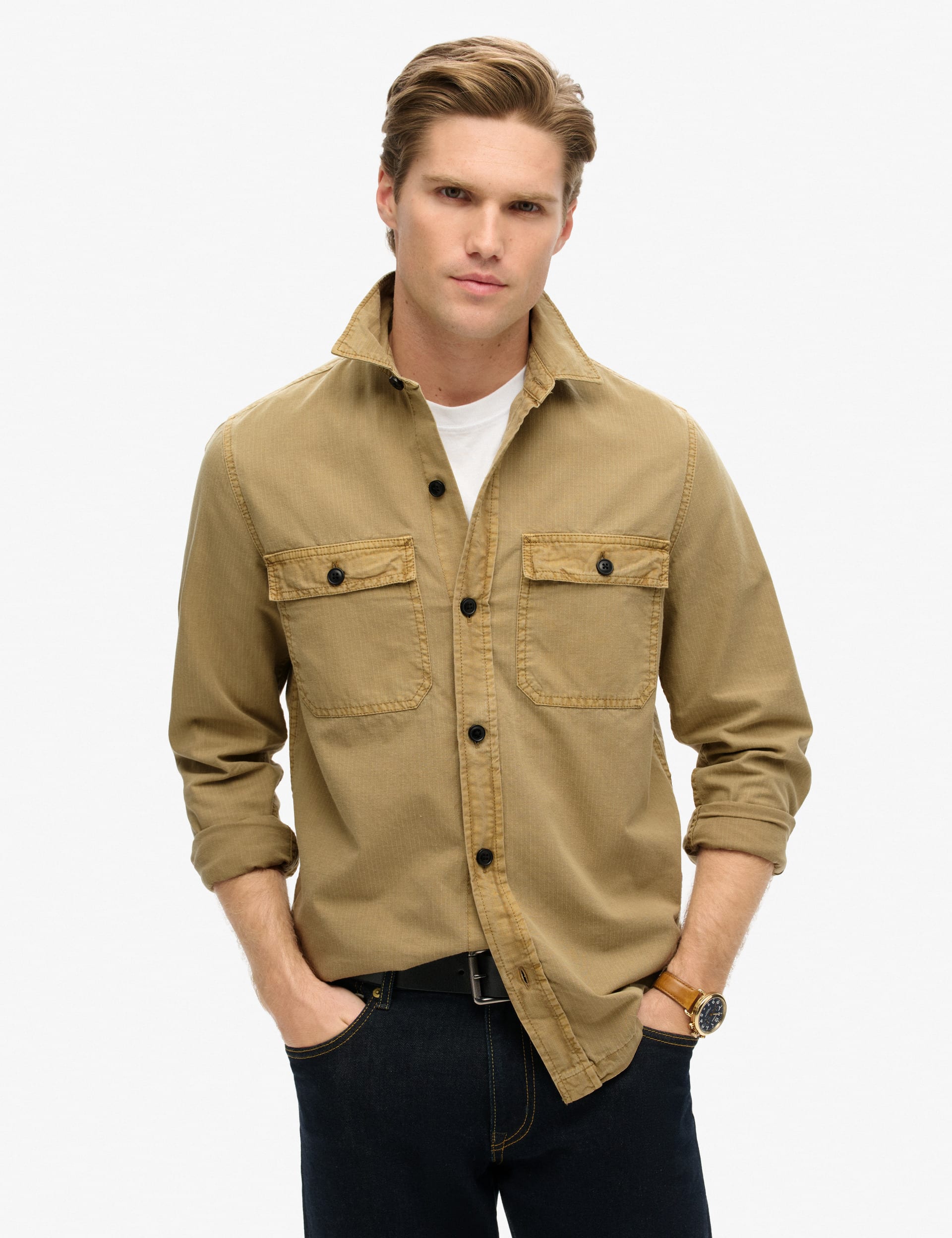 Superdry Men's Cotton Shacket - L - Beige, Beige,Khaki