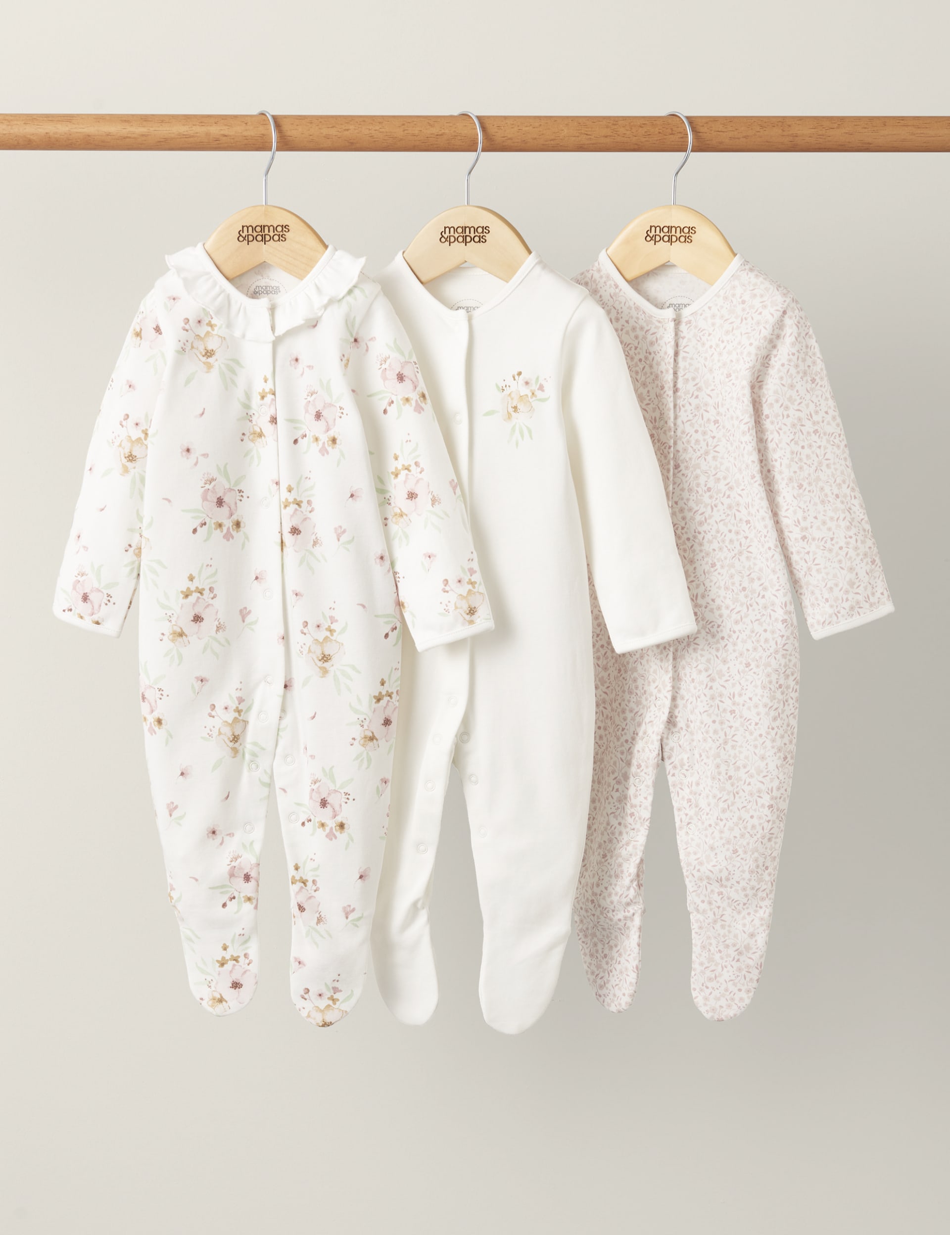 Mamas & Papas Girls 3pk Pure Cotton Floral Sleepsuits (7lbs-2 Yrs) - UT1M - White Mix, White Mix