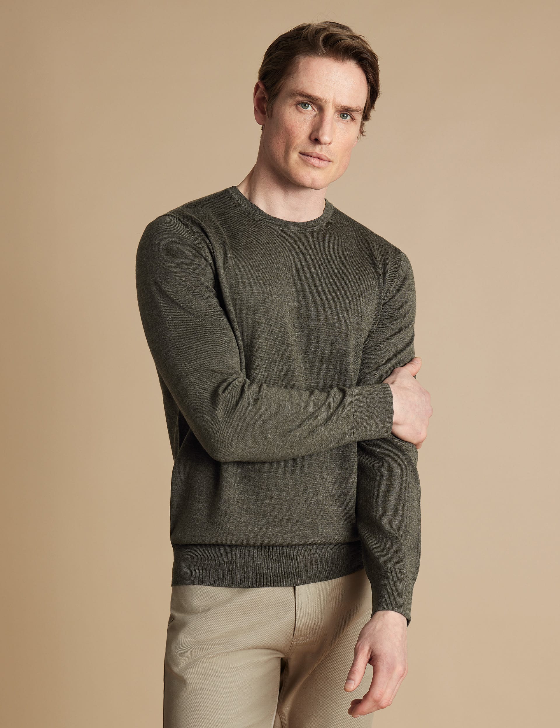 Charles Tyrwhitt Men's Pure Merino Wool Crew Neck Jumper - Olive, Olive