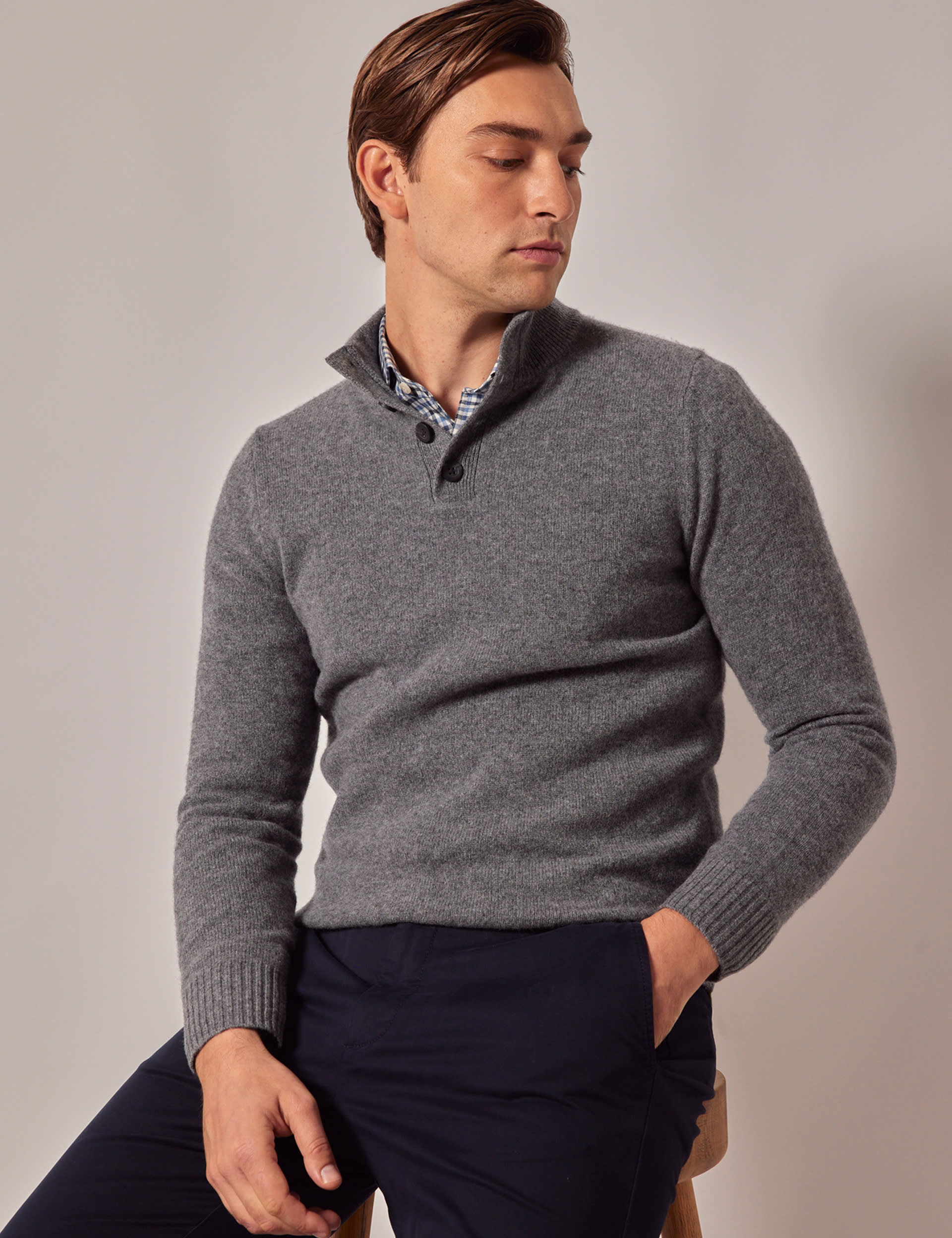 Hawes & Curtis Men's Pure Lambswool Half Button Jumper - Grey, Neutral,Grey,Blue Denim