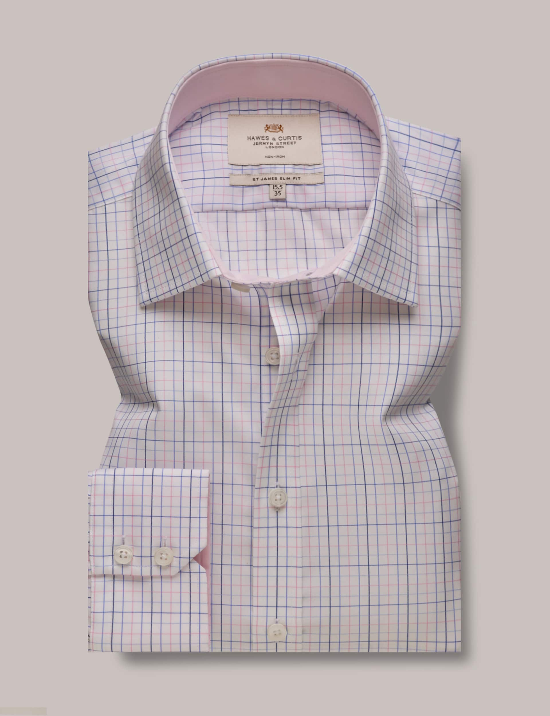 Hawes & Curtis Men's Slim Fit Easy Iron Pure Cotton Check Shirt - 16.5/36 - Pink Mix, Pink Mix