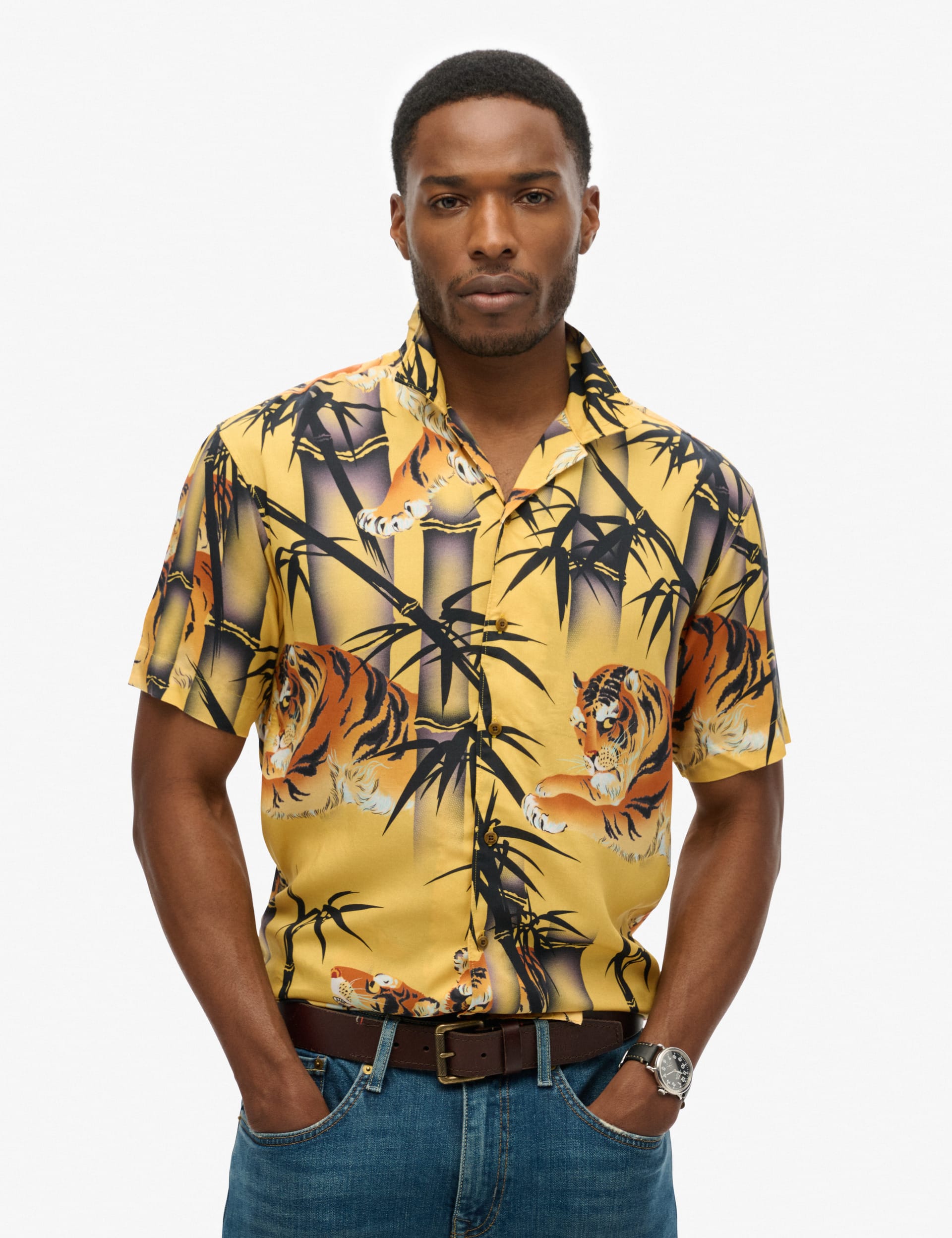 Superdry Men's Cotton Blend Cuban Collar Hawaiian Shirt - M - Gold, Gold