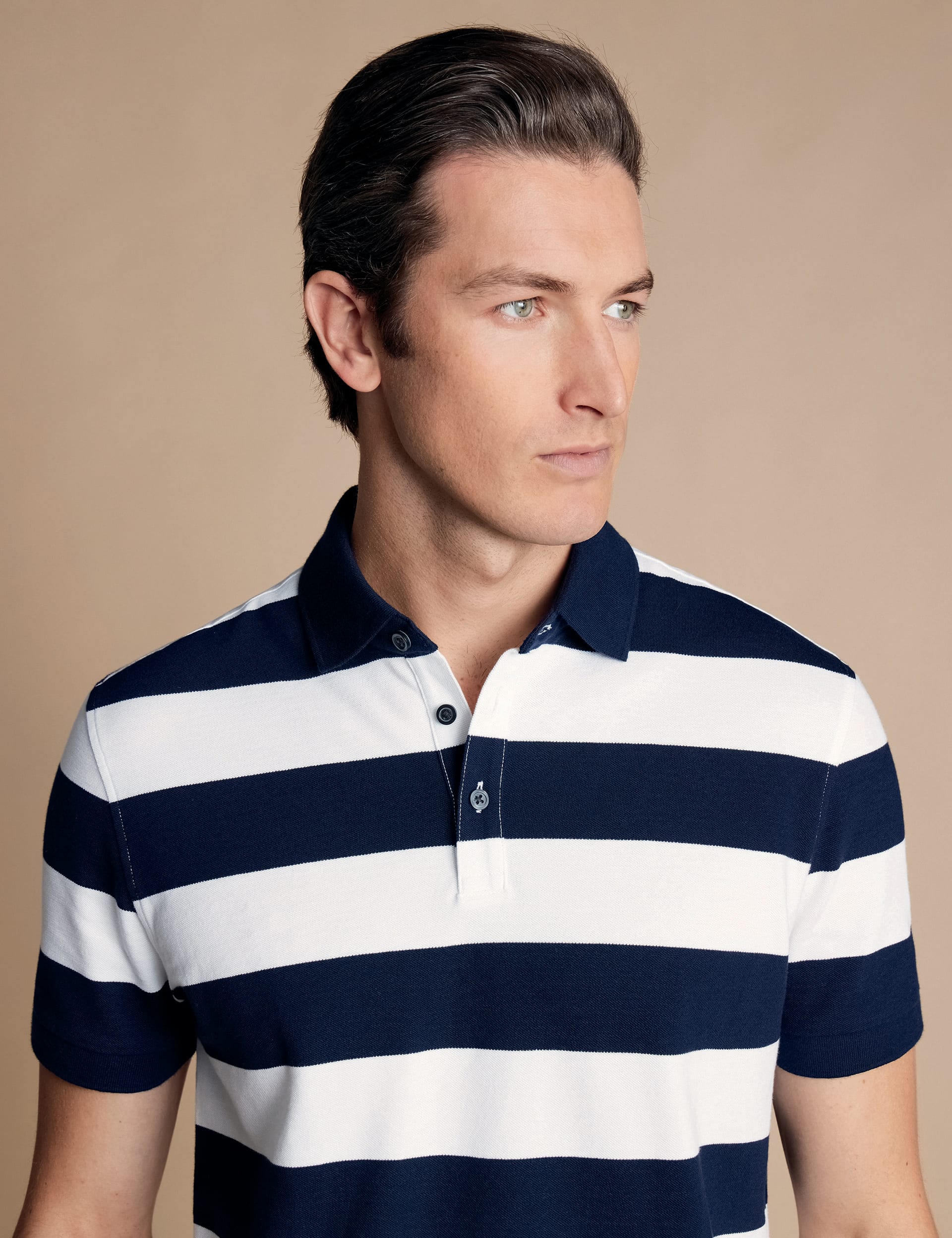 Charles Tyrwhitt Men's Cotton Rich Pique Striped Polo Shirt - M - Navy Mix, Navy Mix