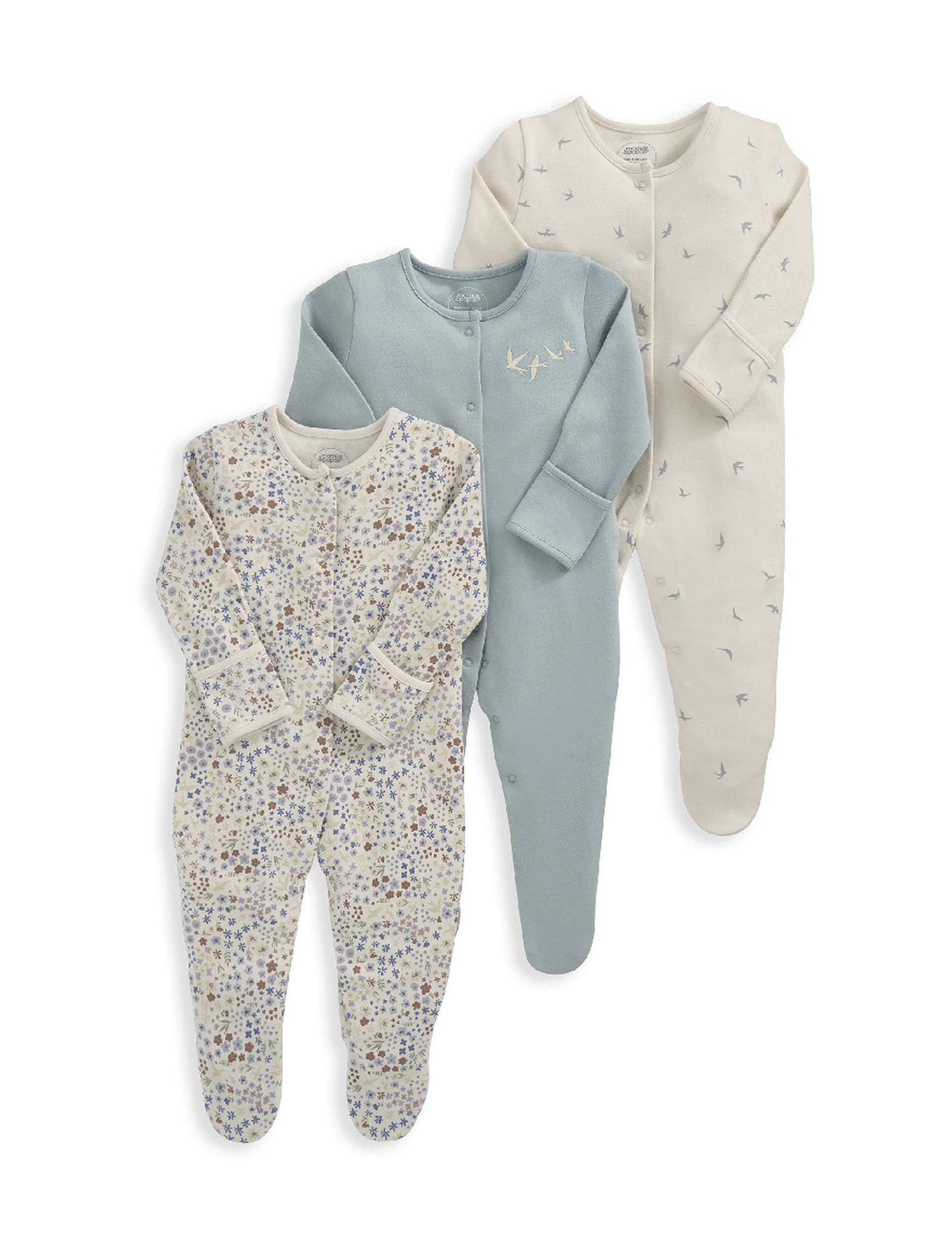 Mamas & Papas Girls 3pk Pure Cotton Floral & Bird Sleepsuits (0-24 Mths) - UT1M - Multi, Multi