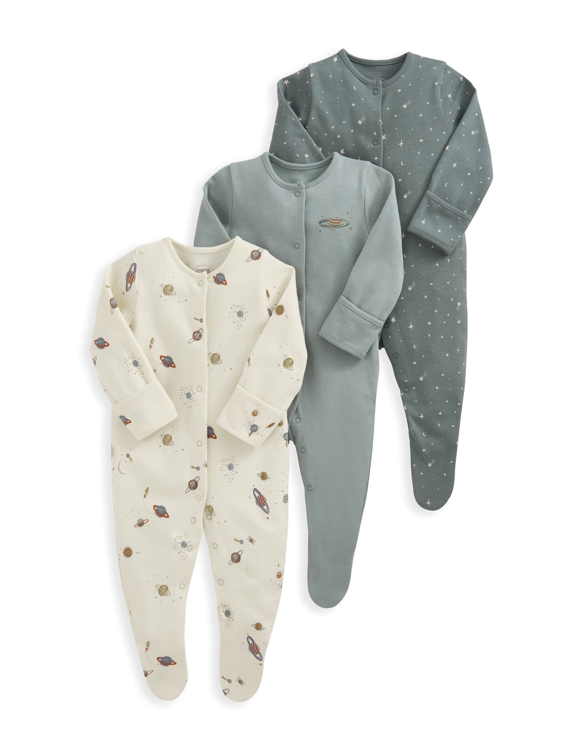 Mamas & Papas Boys 3pk Pure Cotton Planet Sleepsuits (0-24 Mths) - 0-3 M - Multi, Multi