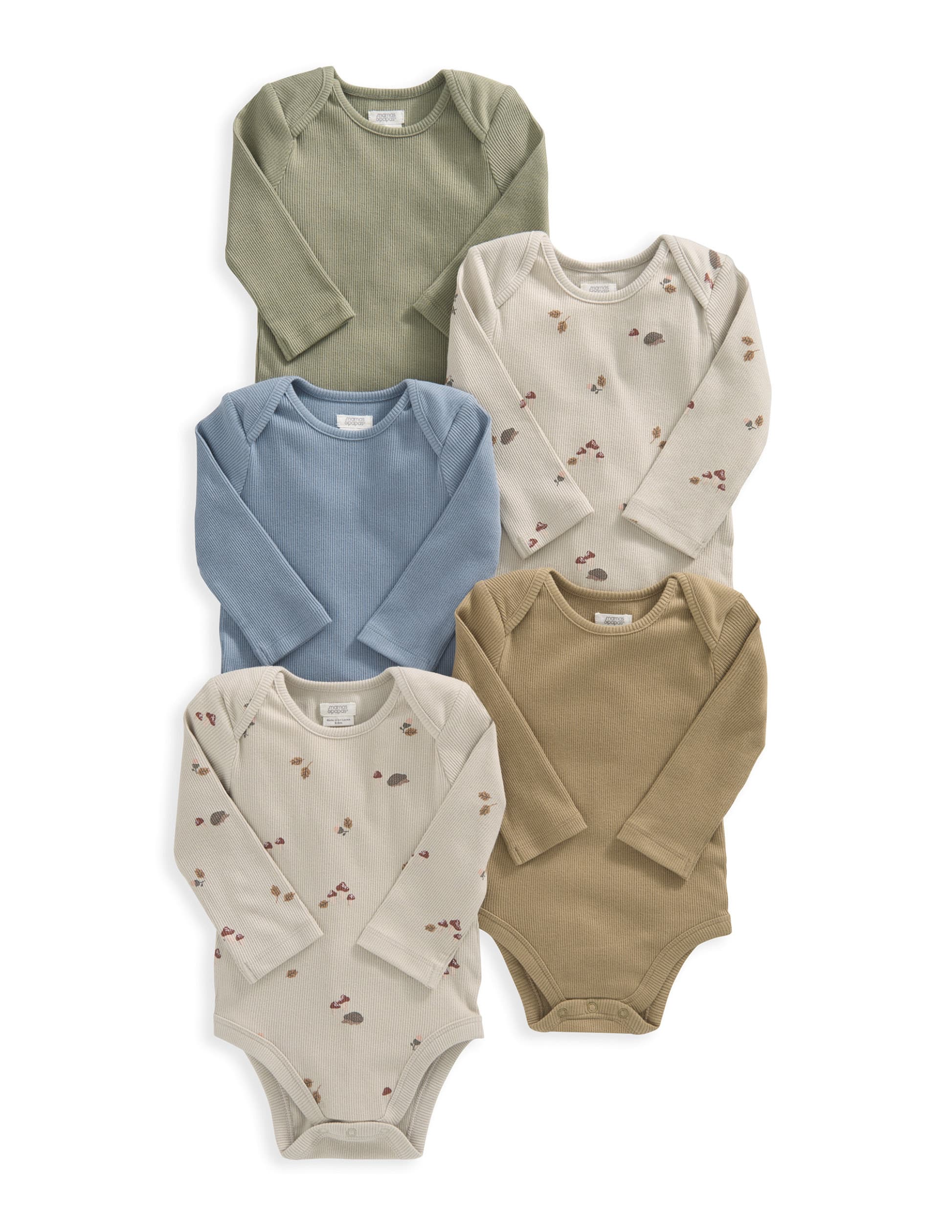 Mamas & Papas Boys 5pk Cotton Rich Plain & Hedgehog Bodysuits (0-24 Mths) - 0-3 M - Multi, Multi