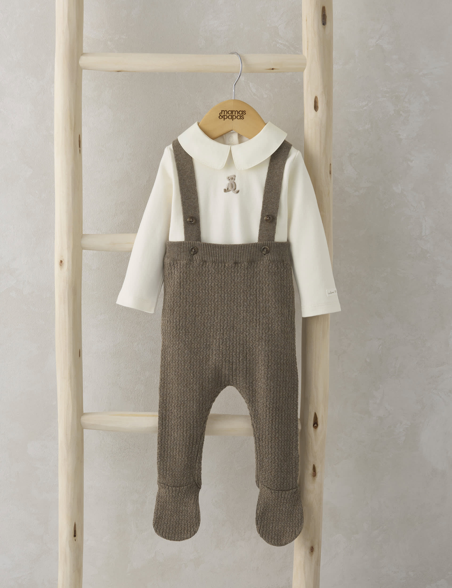 Mamas & Papas 2pc Pure Cotton Teddy Bear Outfit (0-12 Mths) - 0-3 M - Brown, Brown