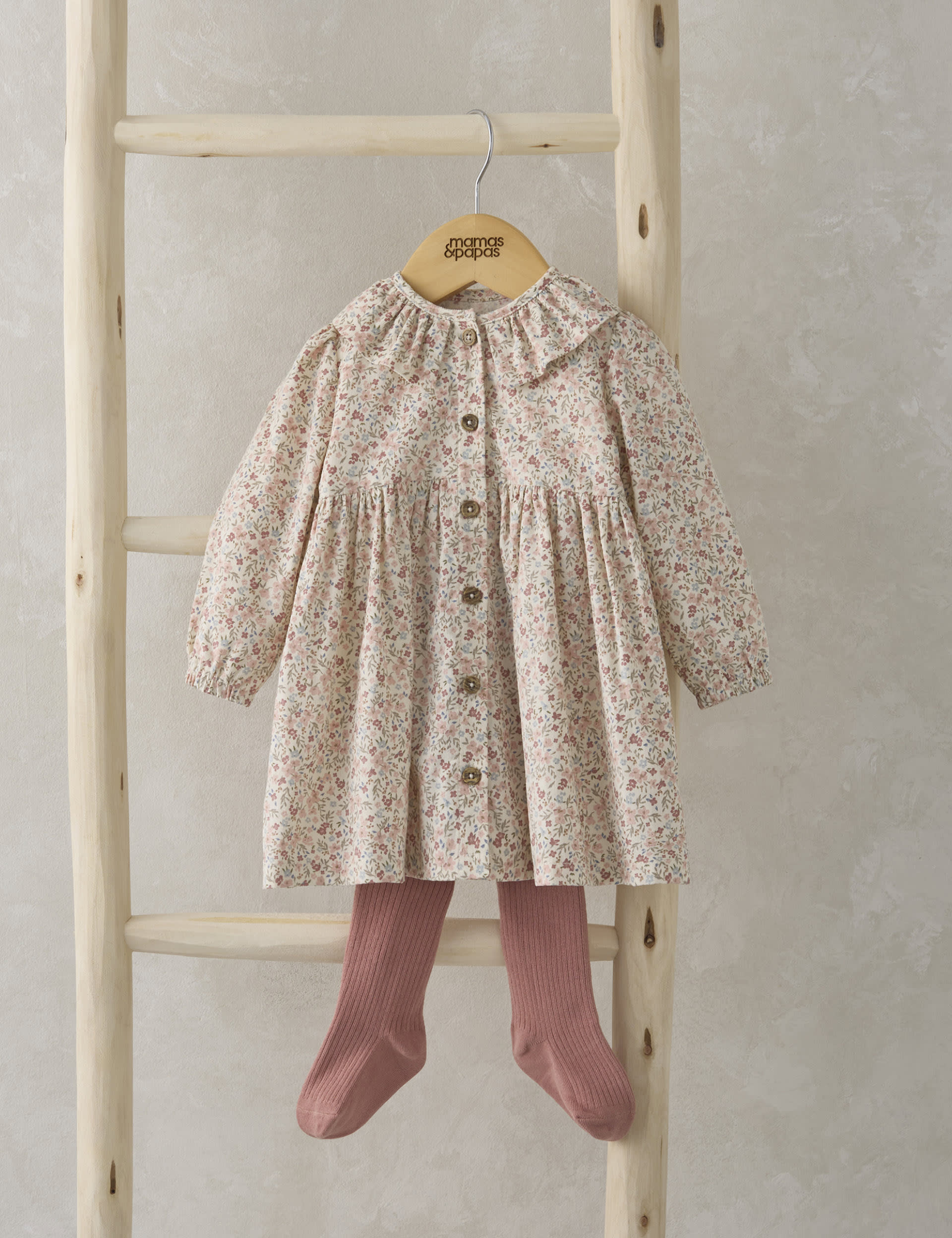 Mamas & Papas Girls Pure Cotton Floral Cord Dress with Tights (0-12 Mths) - 0-3 M - Pink, Pink