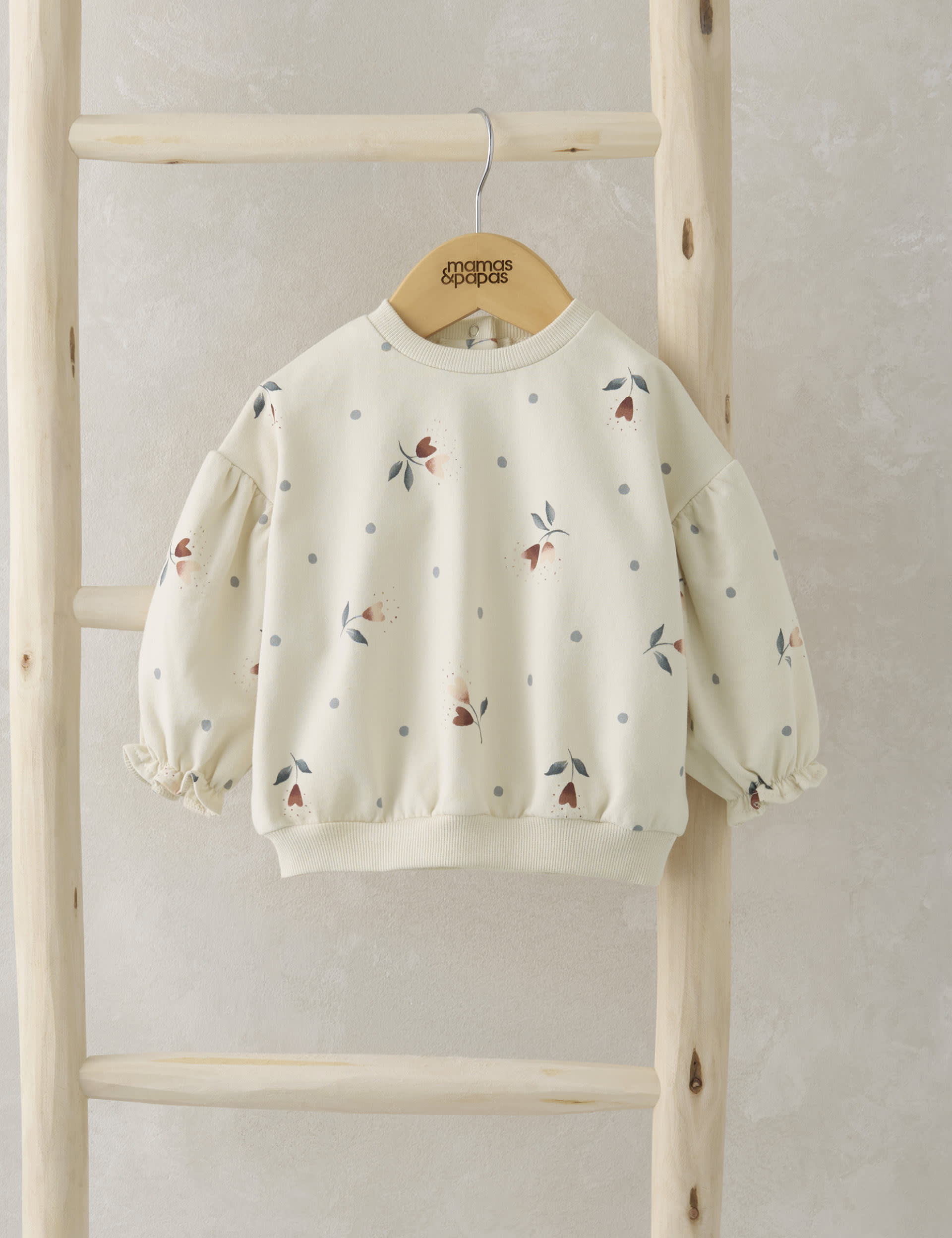 Mamas & Papas Girls Pure Cotton Floral Heart Print Sweatshirt (0-3 Yrs) - 0-3 M - Beige, Beige