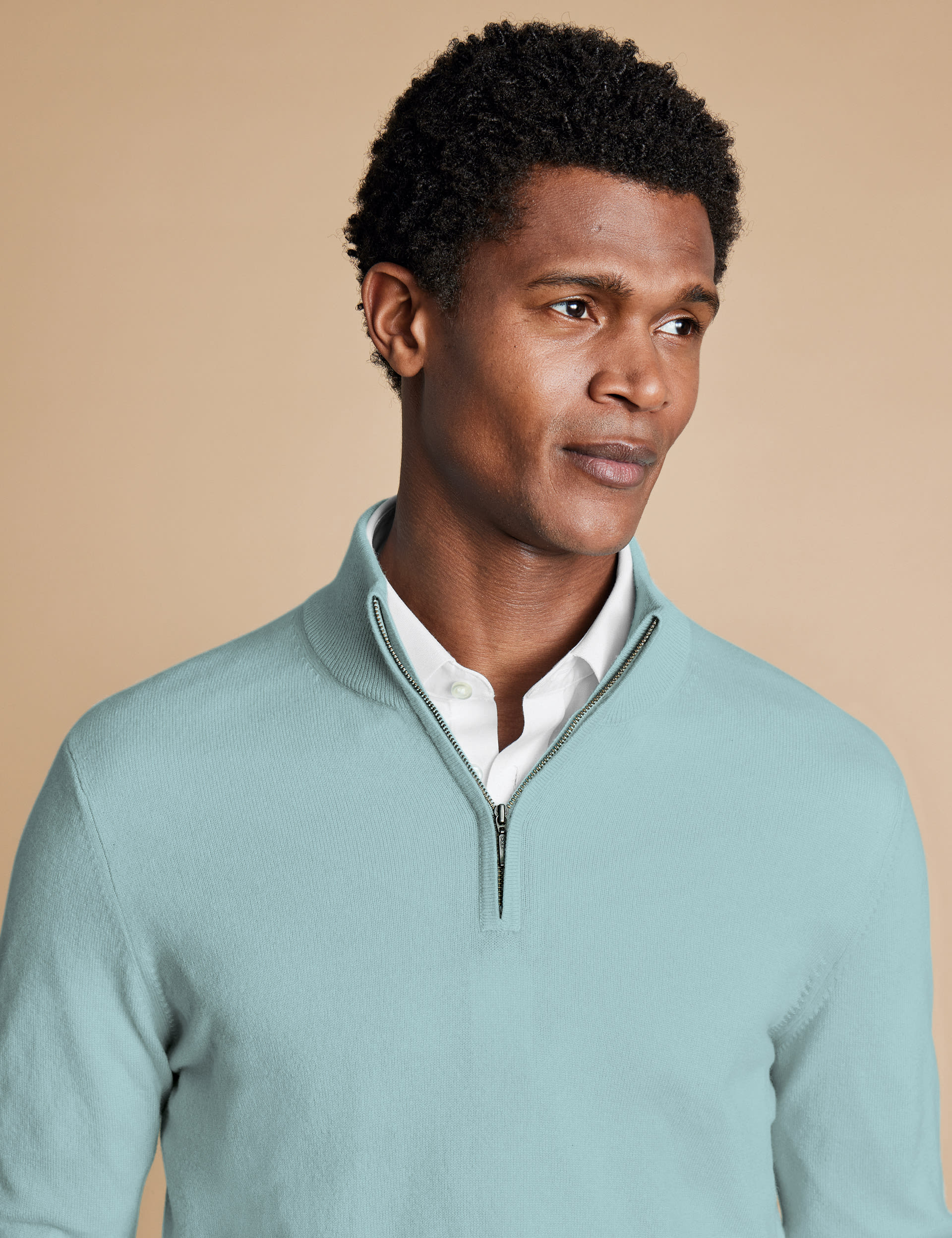 Charles Tyrwhitt Men's Pure Cashmere Half Zip Jumper - Green, Green,Cream