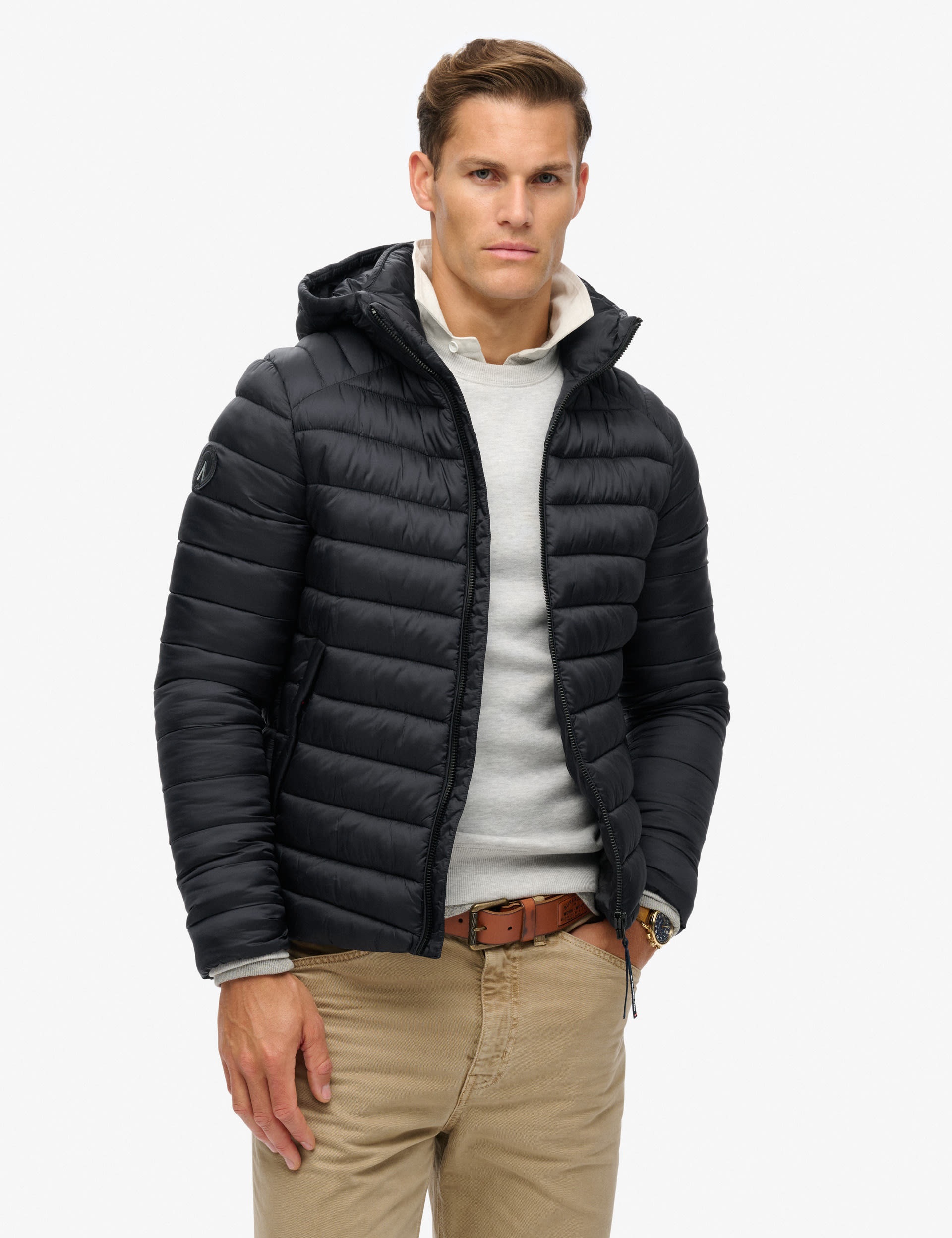 Superdry Men's Hooded Padded Jacket - L - Navy, Navy,Khaki