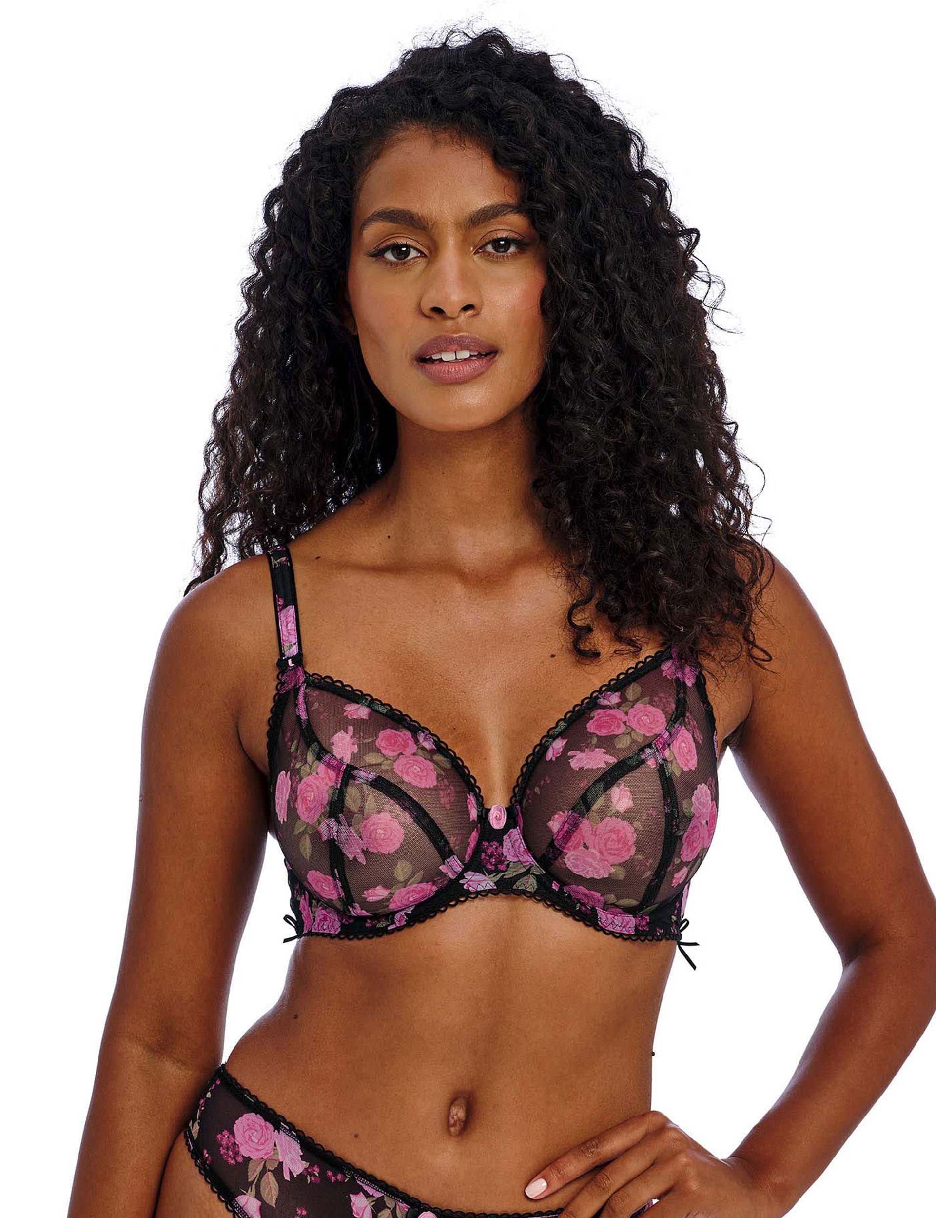 Freya Women's Rose Blossom Mesh Wired Plunge Bra D-FF - 38DD - Black Mix, Black Mix