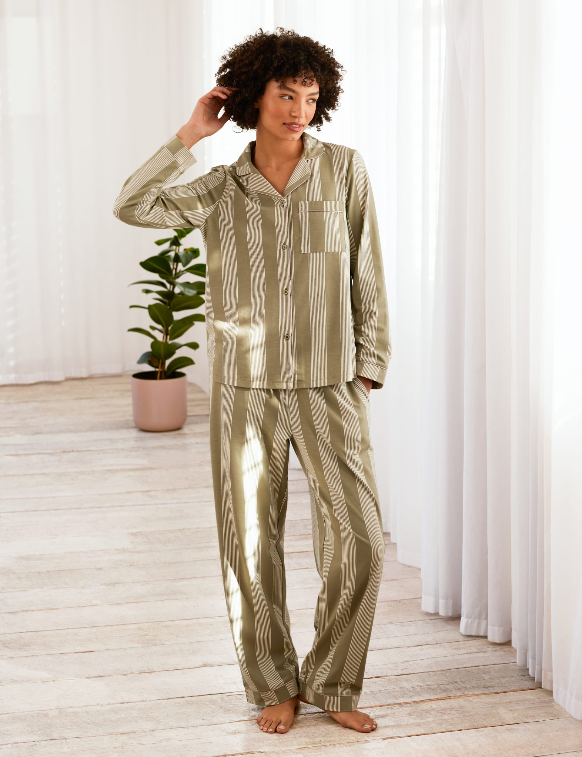 Chelsea Peers Women's Jersey Striped Pyjama Set - 8 - Khaki Mix, Khaki Mix