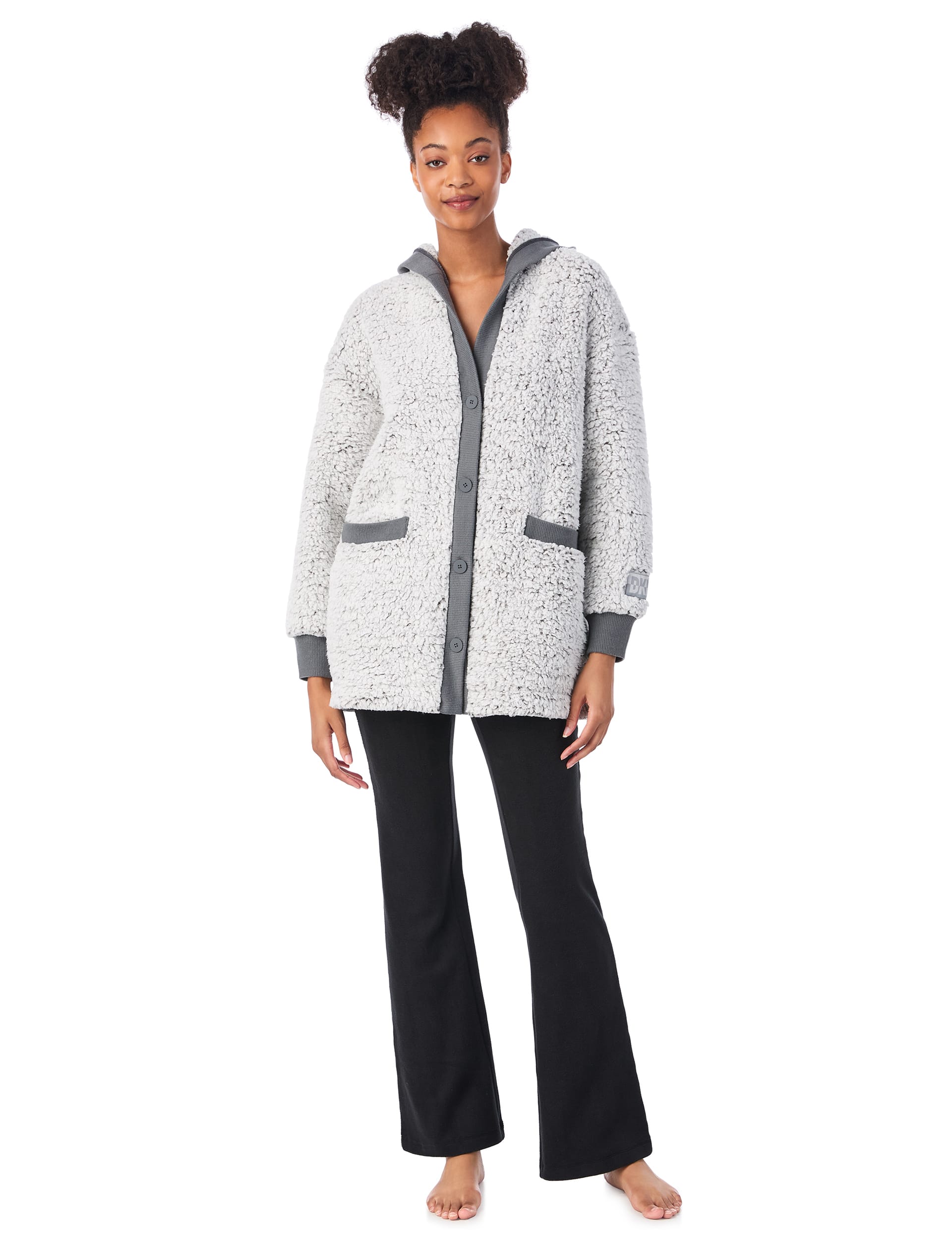 Dkny Women's Fleece Hooded Lounge Robe - S - Grey, Grey