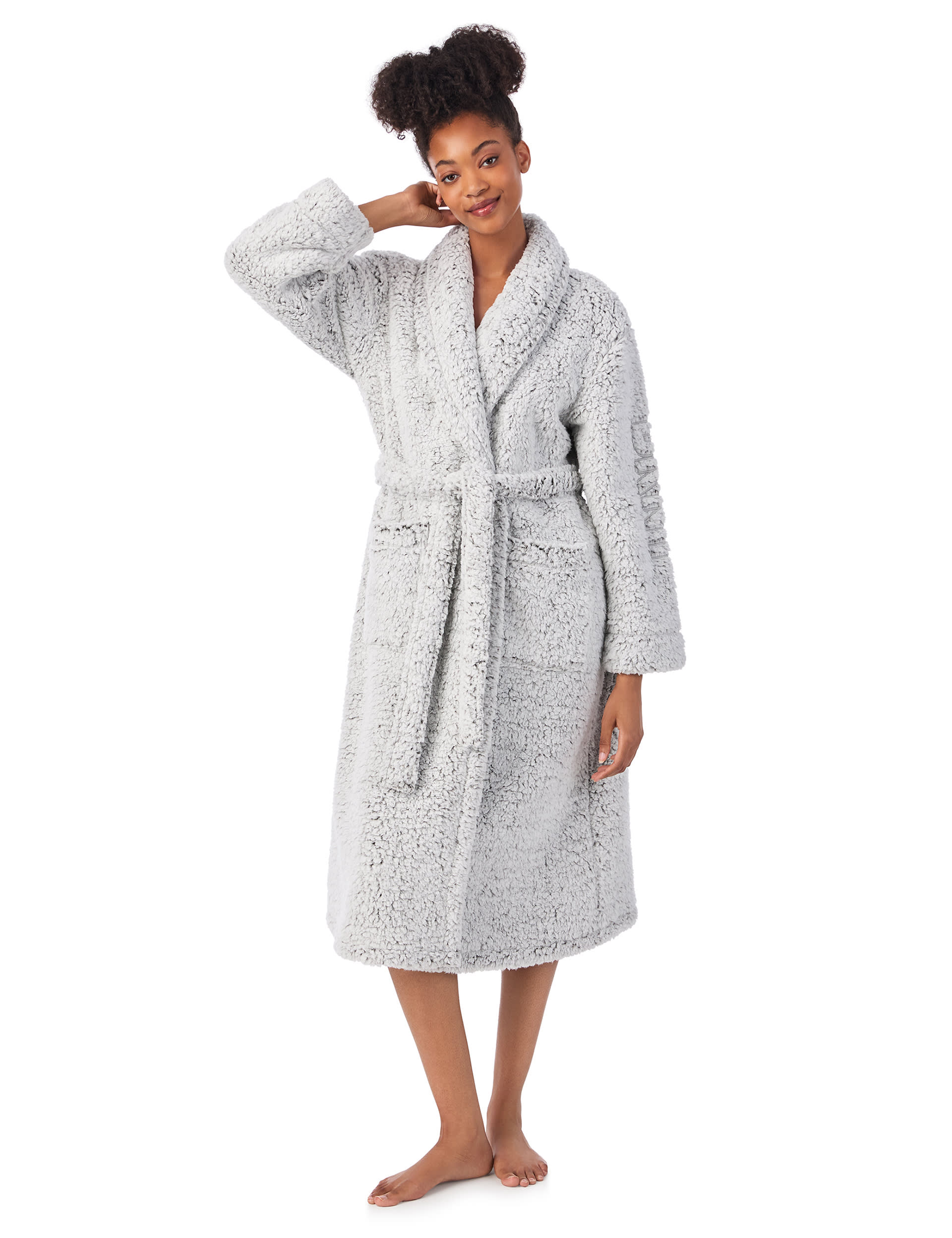 Dkny Women's Fleece Robe - M - Grey, Grey,Camel